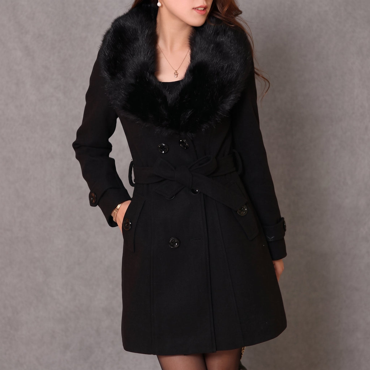 Rachel - Women's Double-Breasted Coat with Faux Fur Collar - Overcoats - Black - Sarvento