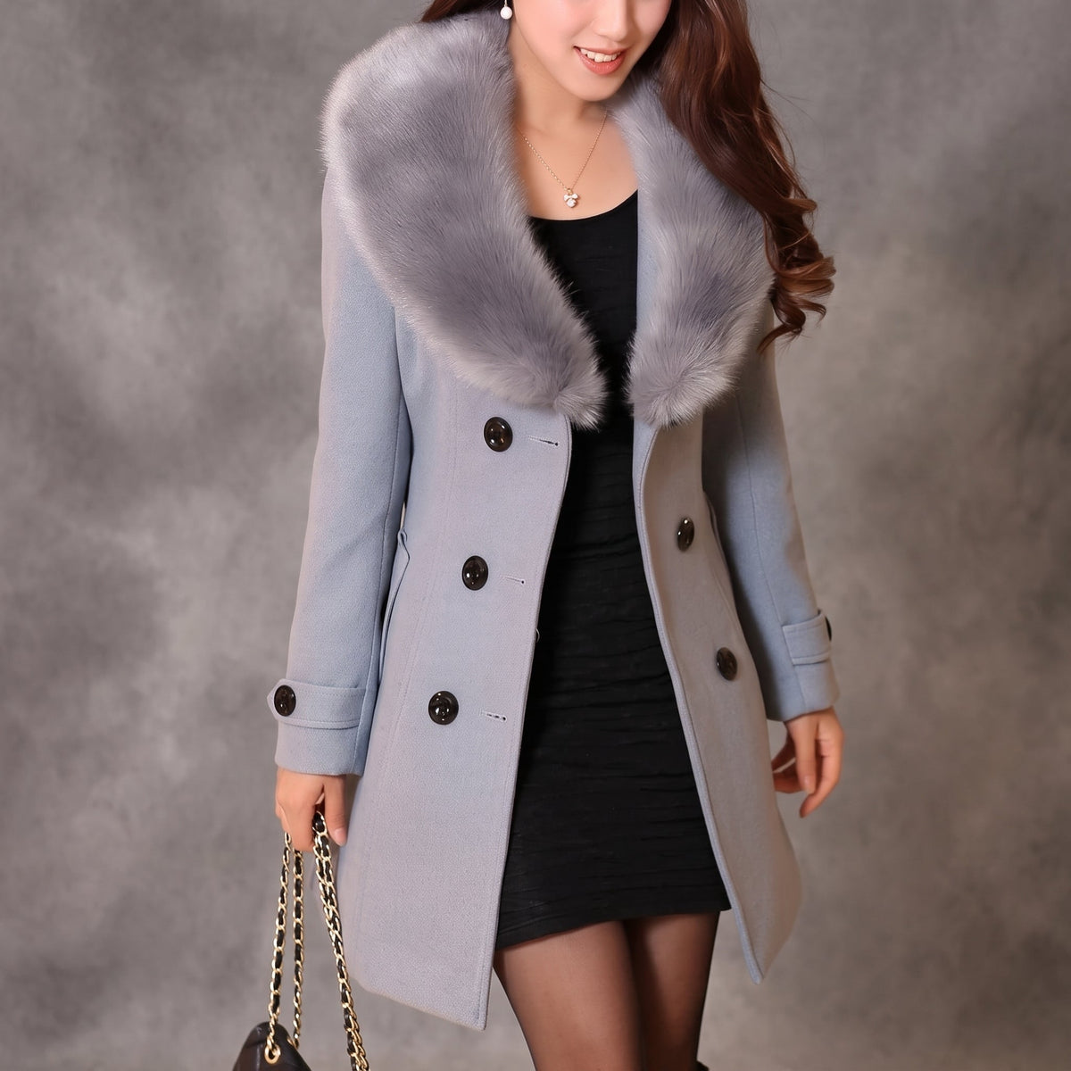Rachel - Women's Double-Breasted Coat with Faux Fur Collar - Overcoats - Gray - Sarvento