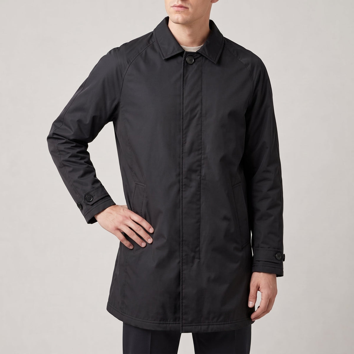 Rafael - Men's Button-Tab Flap Pocket Transitional Coat - Trench Coats - Black - Parker&Brooks