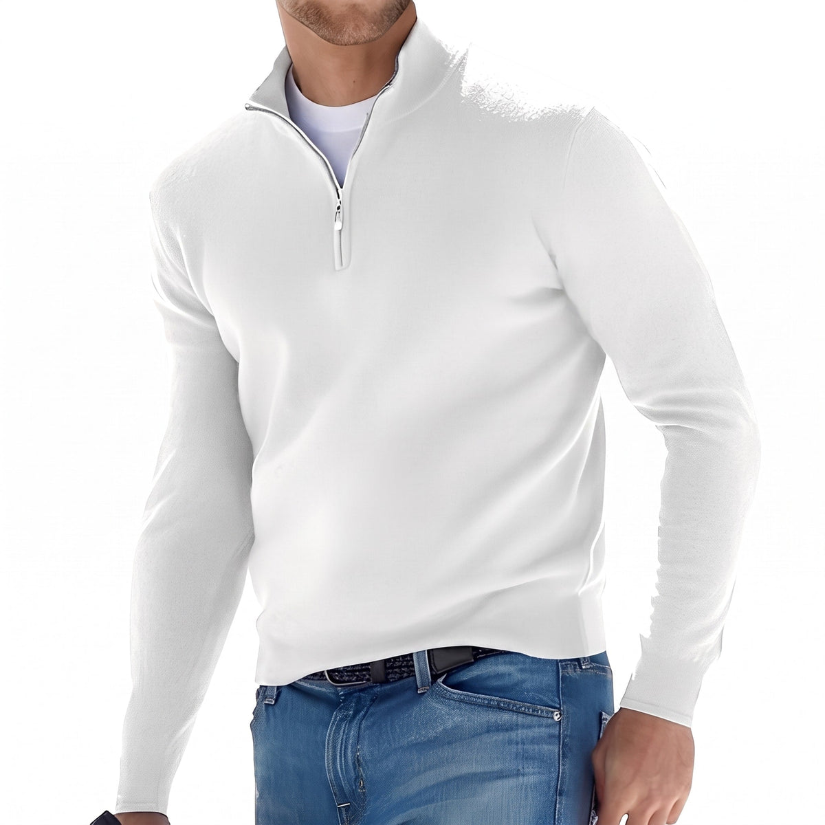 Ralph – Men’s Cotton Quarter-Zip Stand Collar Pullover - Sweater - White - Sarvento