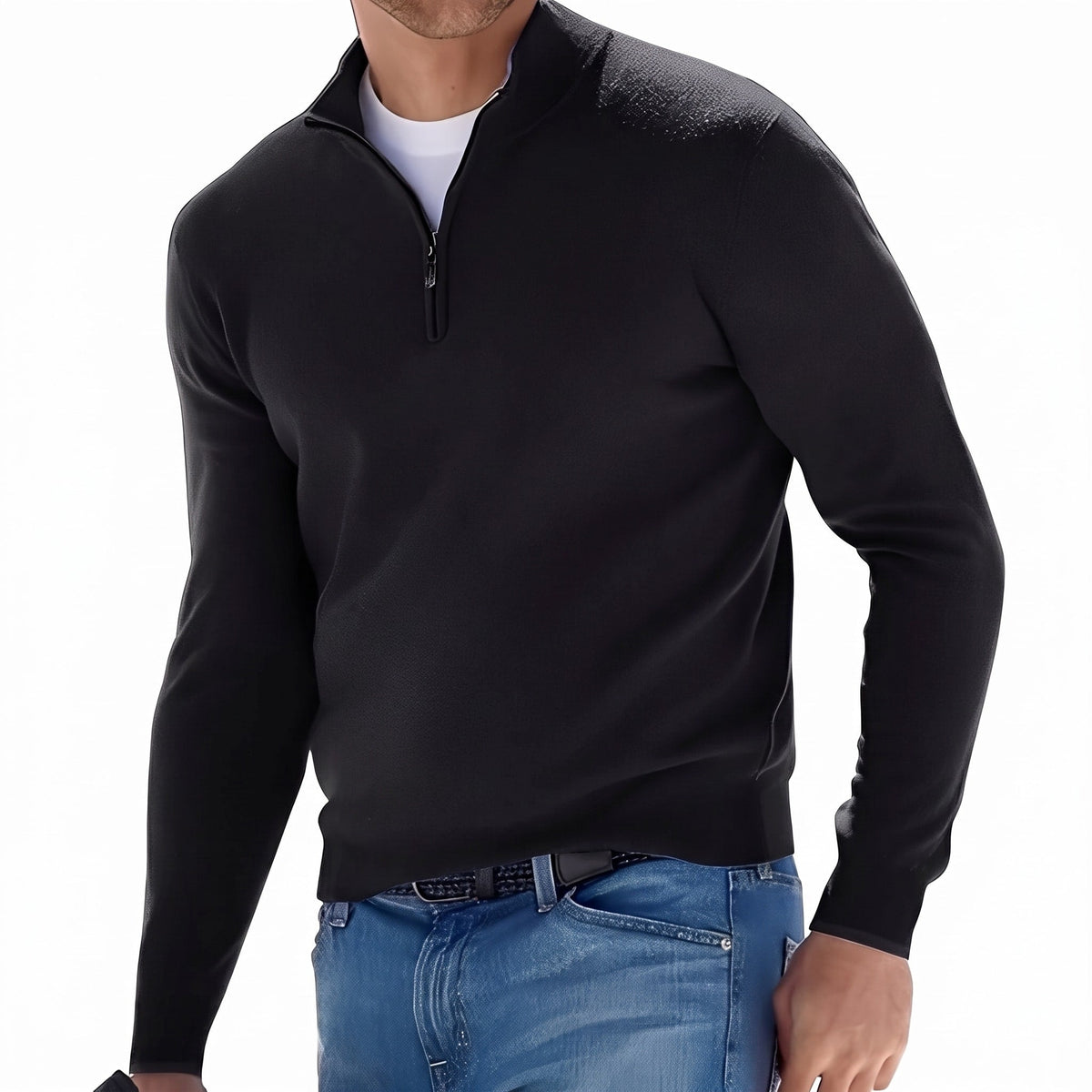 Ralph – Men’s Cotton Quarter-Zip Stand Collar Pullover - Sweater - Black - Sarvento
