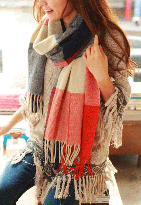 Coleen - Women's Fringed Tassel Wrap Shawl with Plaid Print