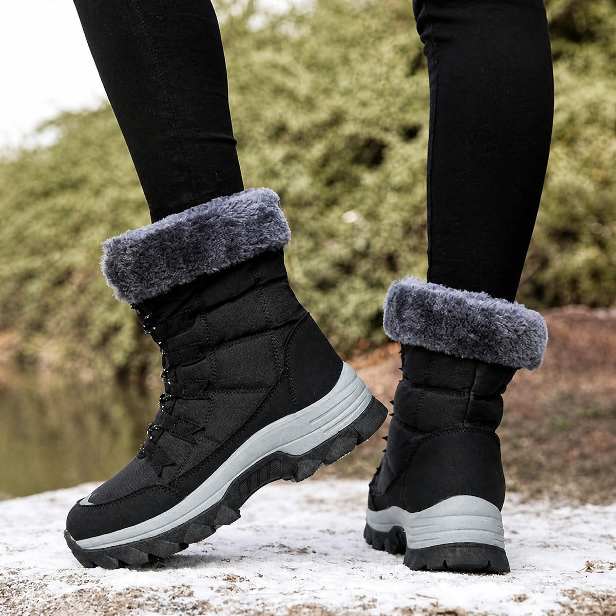 Rowan - Women's Orthopaedic Lace-Up Snow Boots with Faux Fur Trim - Boots - Black - Parker&Brooks