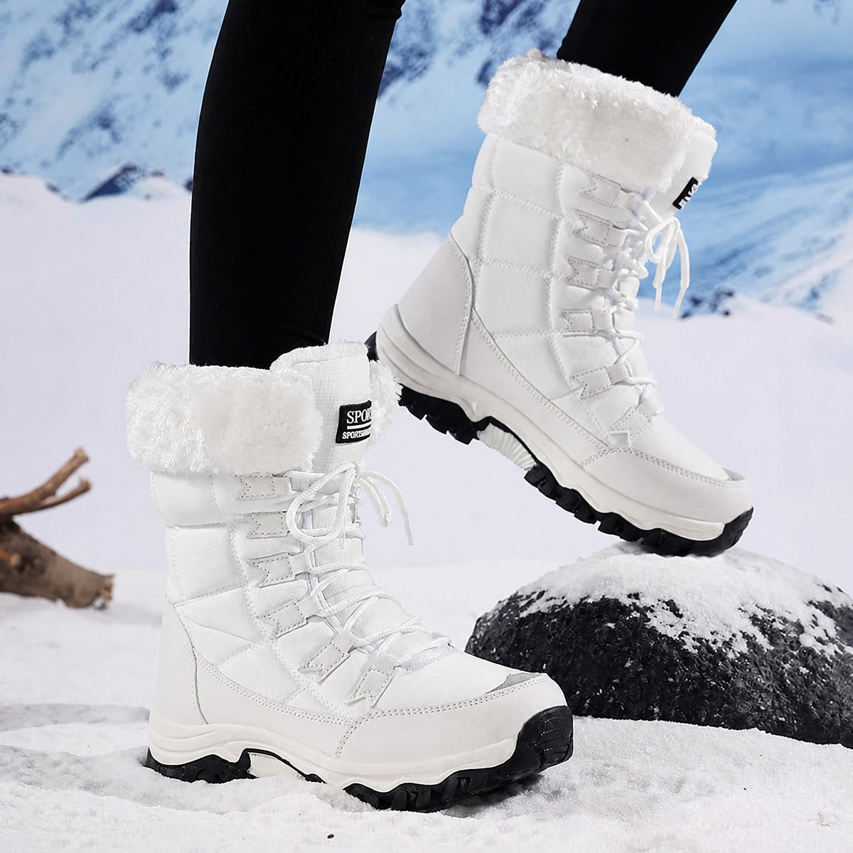 Rowan - Women's Orthopaedic Lace-Up Snow Boots with Faux Fur Trim - Boots - White - Parker&Brooks
