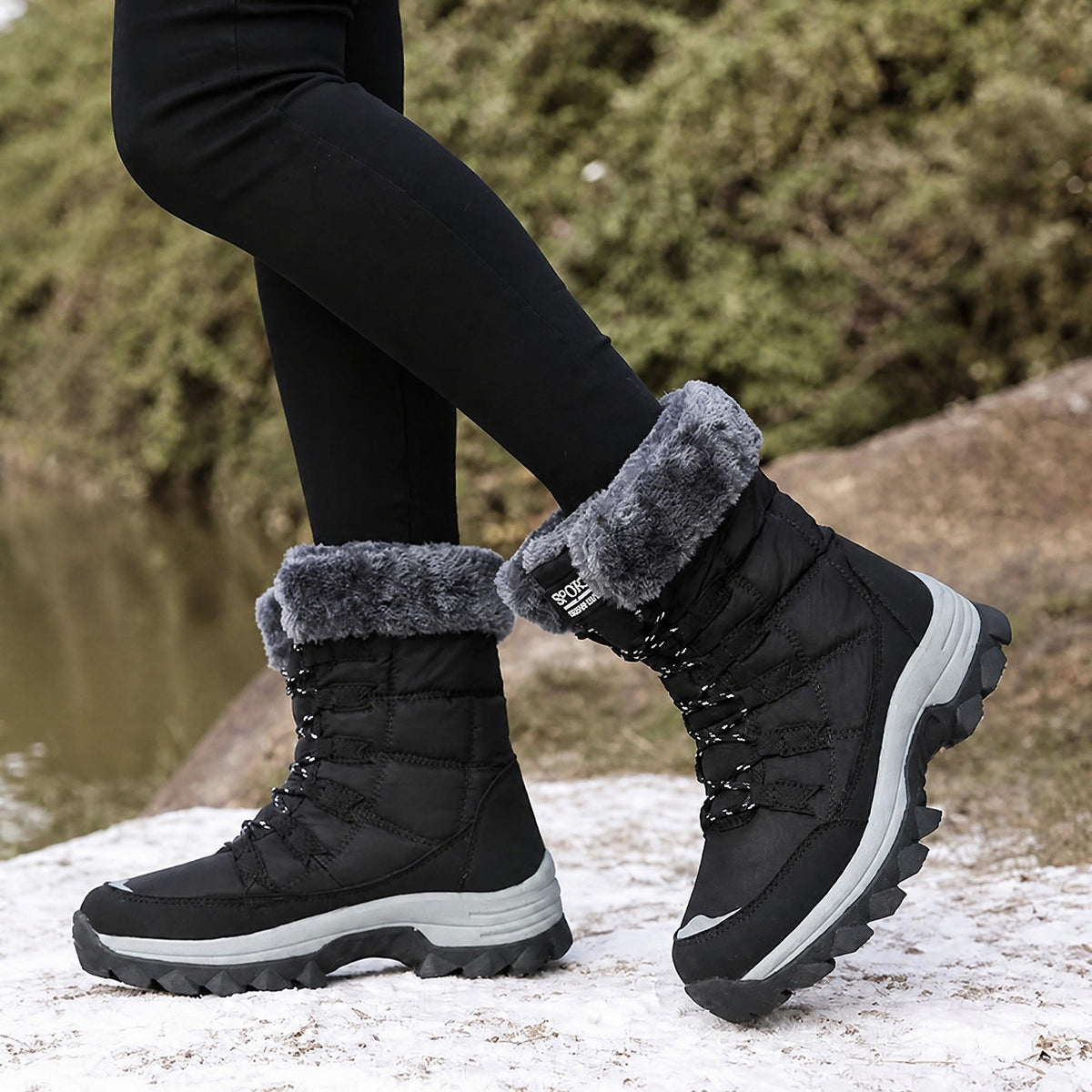 Rowan - Women's Orthopaedic Lace-Up Snow Boots with Faux Fur Trim - Boots - Black - Parker&Brooks