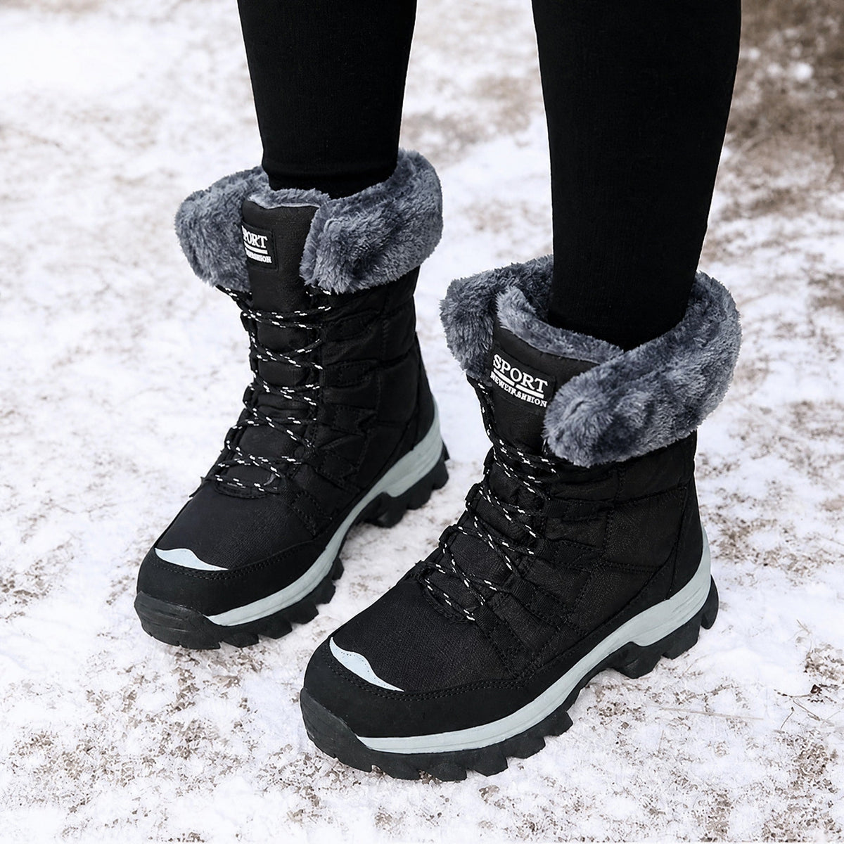 Rowan - Women's Orthopaedic Lace-Up Snow Boots with Faux Fur Trim - Boots - Black - Parker&Brooks