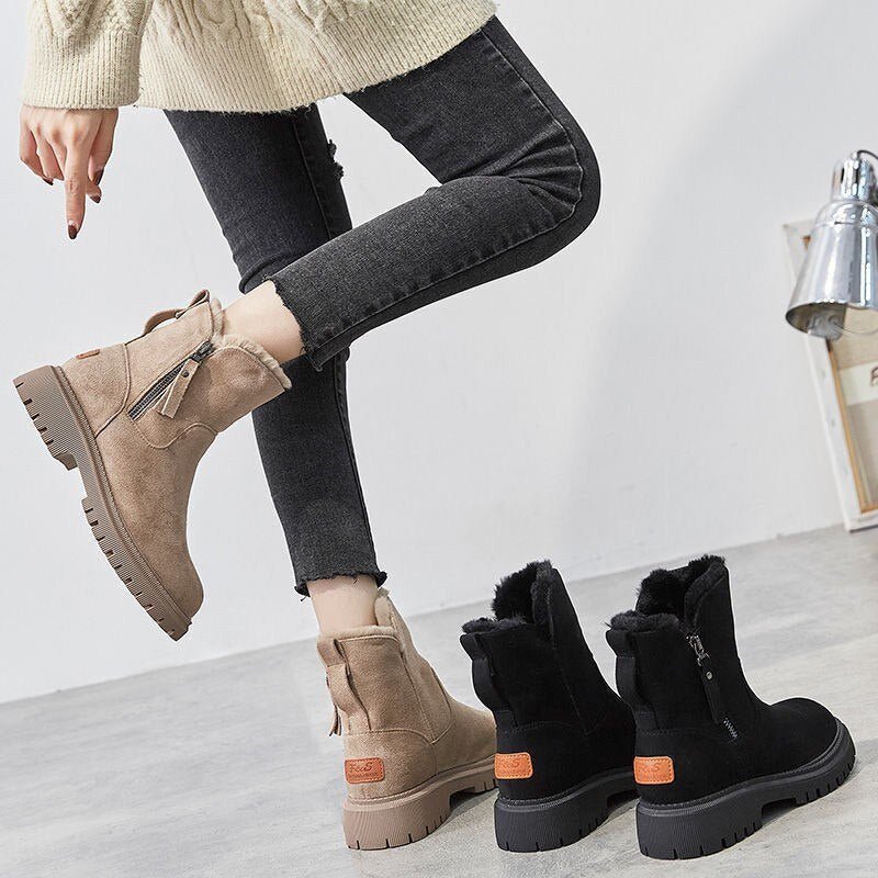 Rowan - Women's Orthopedic Faux Fur Trim Ankle Boots with Side Zip - Boots - Beige - Parker&Brooks