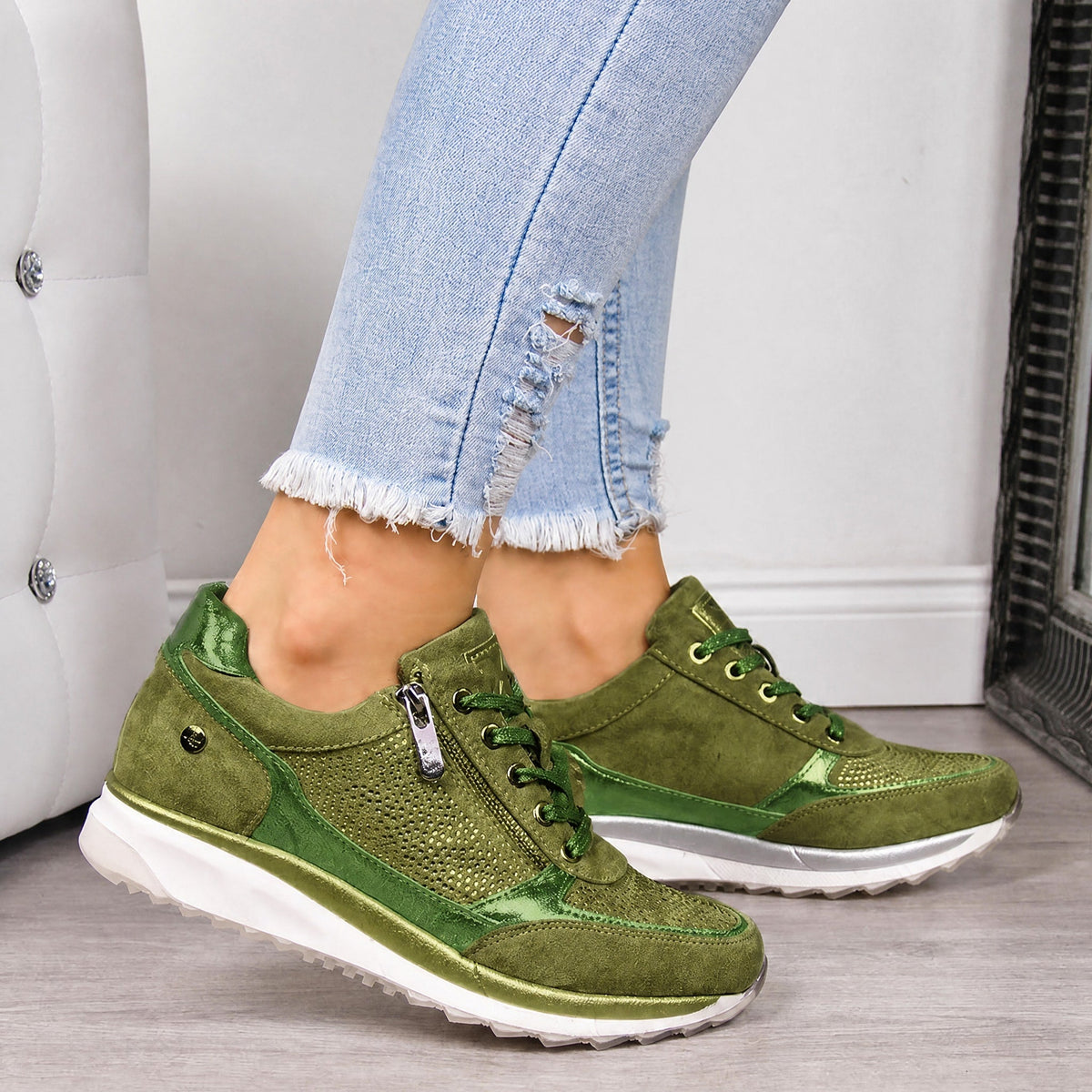 Rowan - Women's Orthopedic Lace-Up Sneaker with Rhinestone Detail - Sneakers - Green - Parker&Brooks
