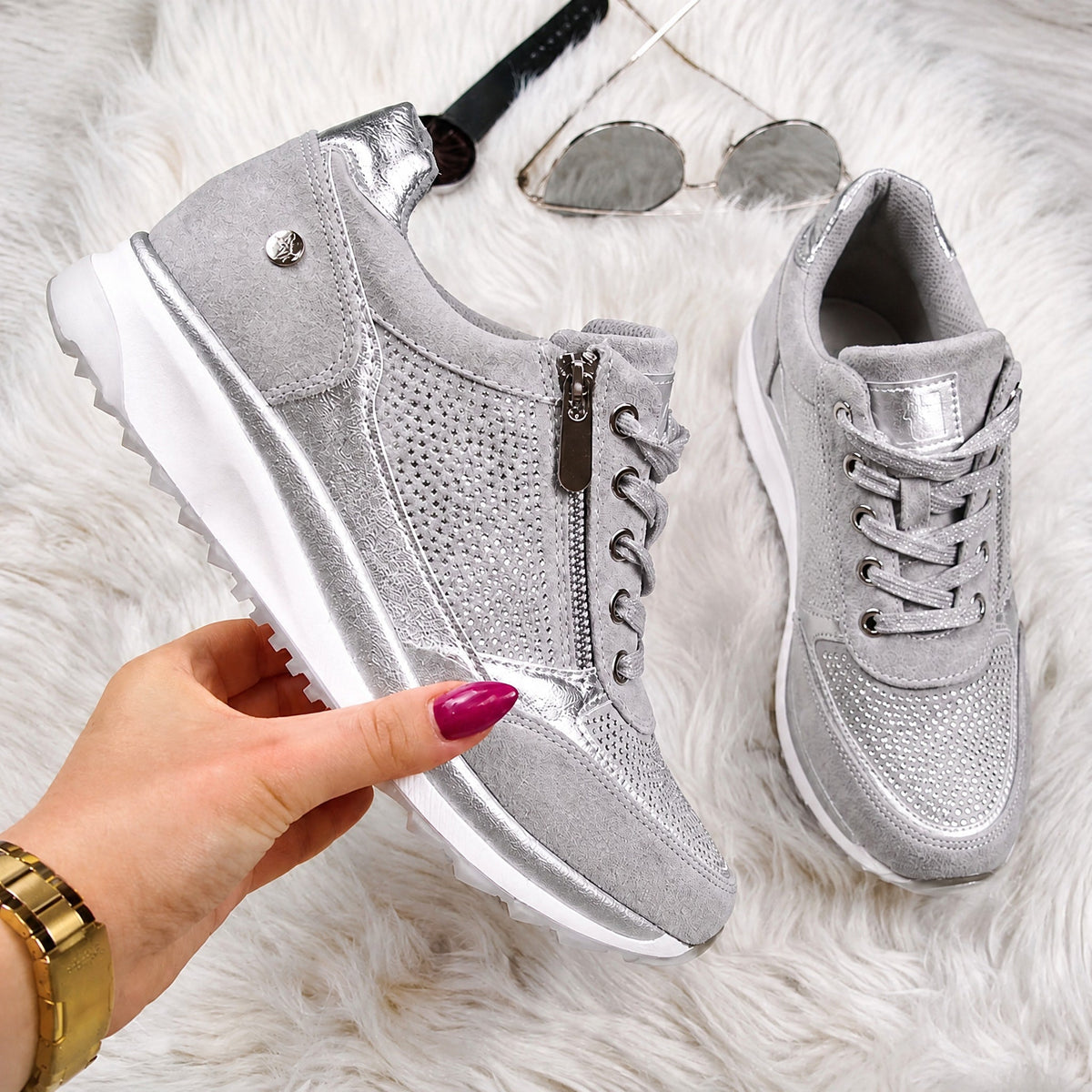 Rowan - Women's Orthopedic Lace-Up Sneaker with Rhinestone Detail - Sneakers - Silver - Parker&Brooks