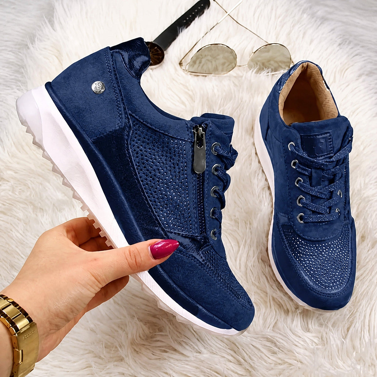 Rowan - Women's Orthopedic Lace-Up Sneaker with Rhinestone Detail - Sneakers - Blue - Parker&Brooks