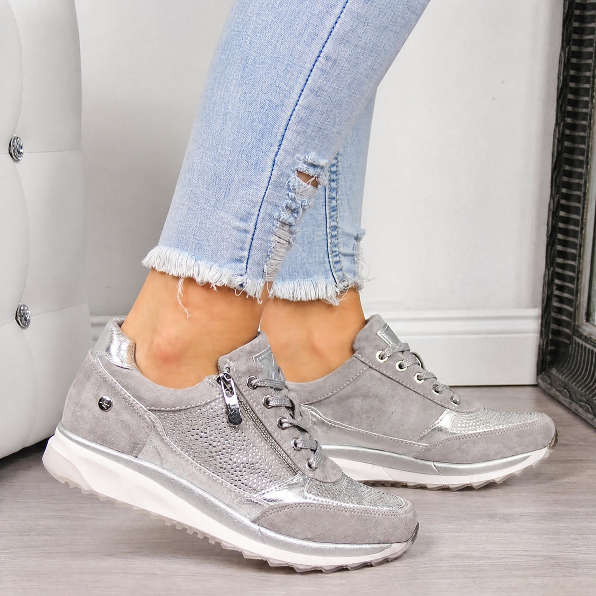 Rowan - Women's Orthopedic Lace-Up Sneaker with Rhinestone Detail - Sneakers - Silver - Parker&Brooks