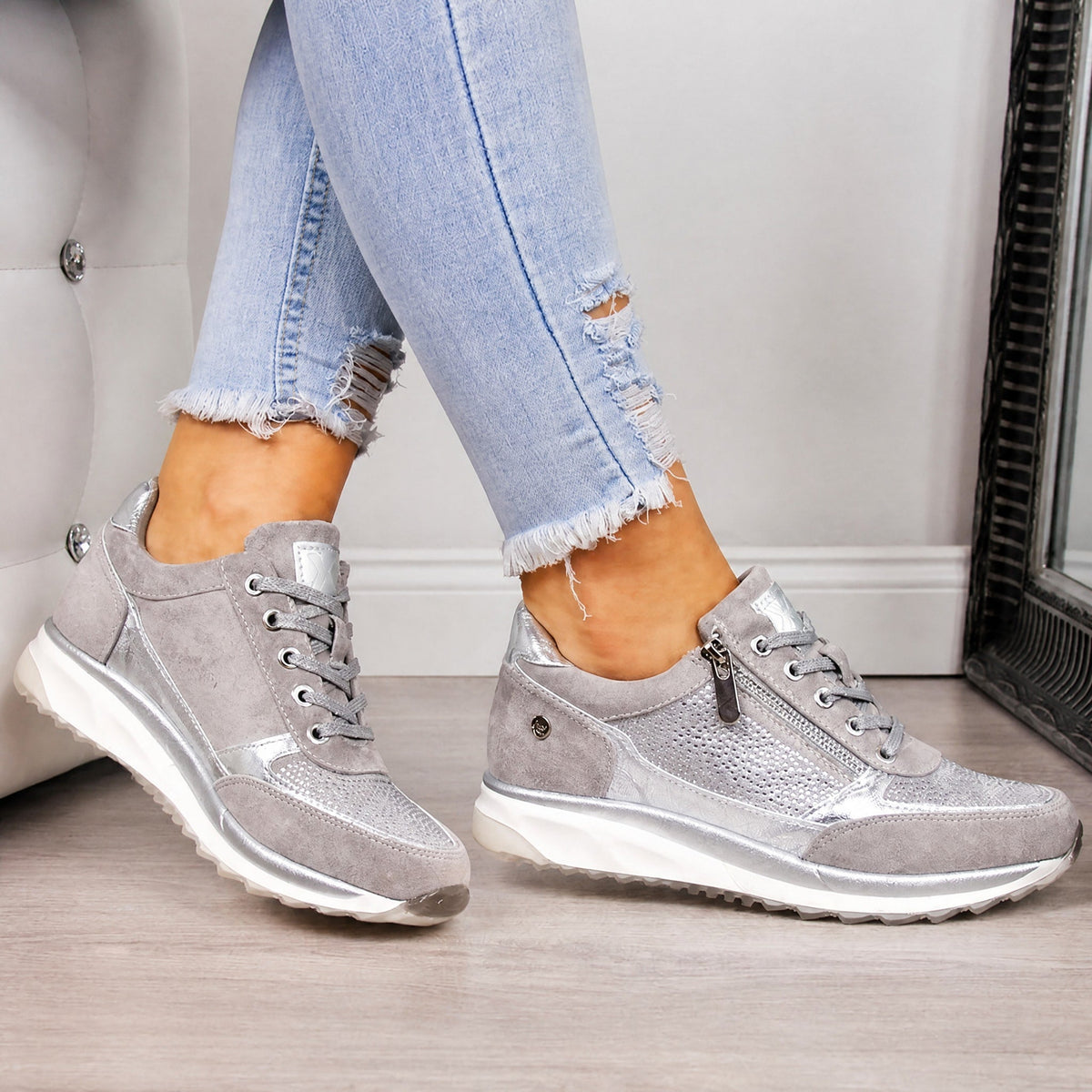 Rowan - Women's Orthopedic Lace-Up Sneaker with Rhinestone Detail - Sneakers - Silver - Parker&Brooks