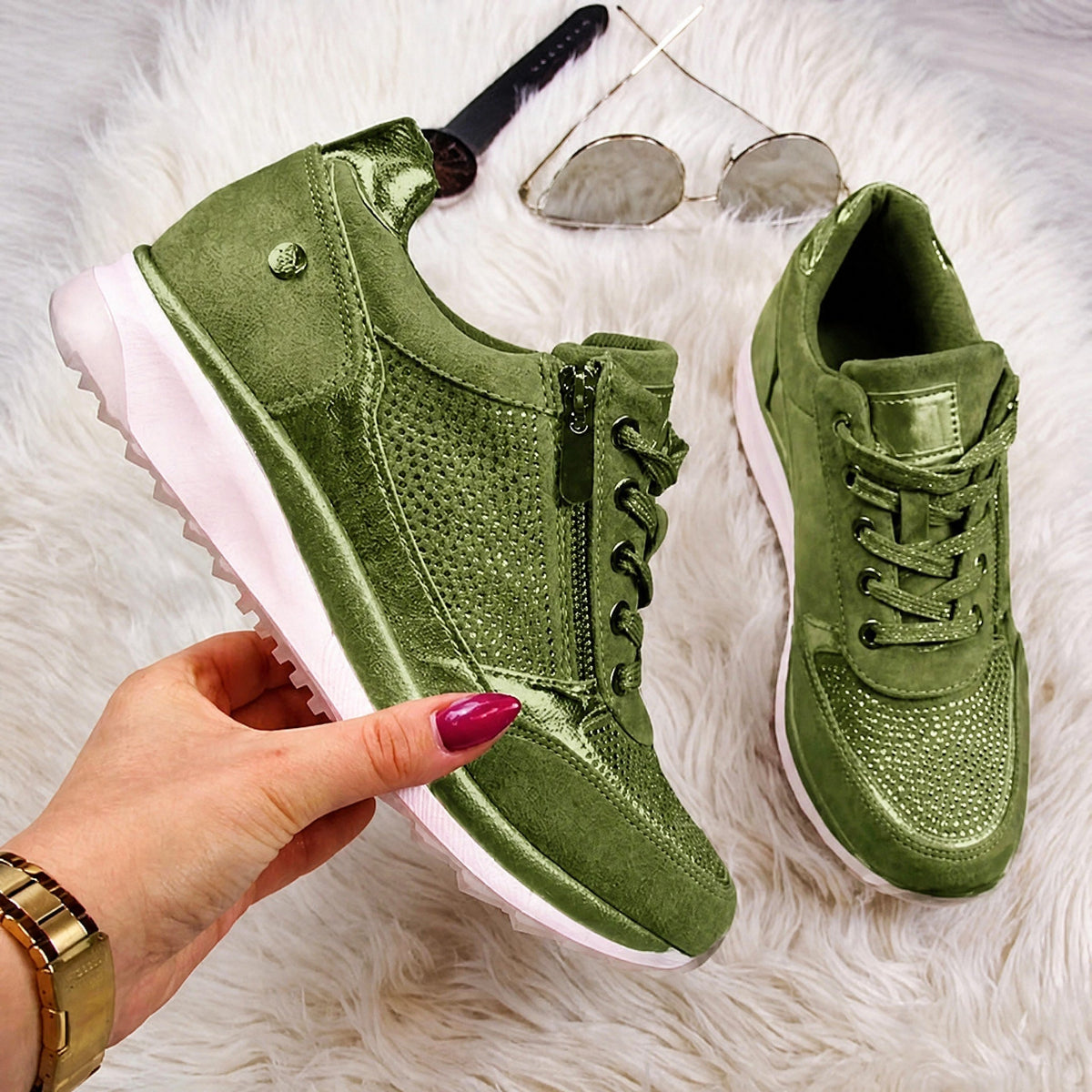 Rowan - Women's Orthopedic Lace-Up Sneaker with Rhinestone Detail - Sneakers - Green - Parker&Brooks