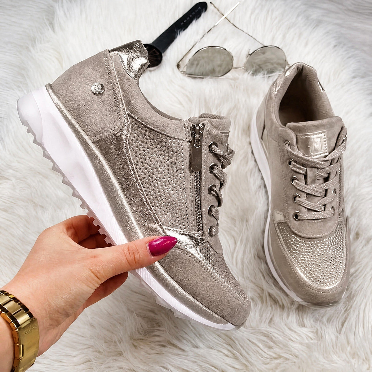 Rowan - Women's Orthopedic Lace-Up Sneaker with Rhinestone Detail - Sneakers - Beige - Parker&Brooks