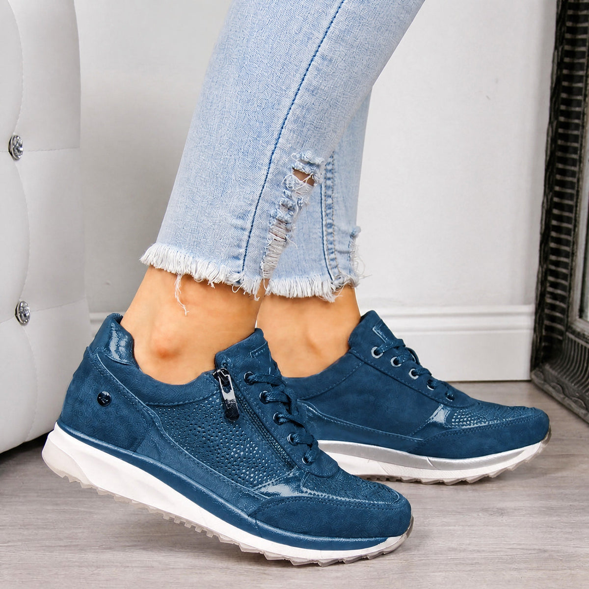 Rowan - Women's Orthopedic Lace-Up Sneaker with Rhinestone Detail - Sneakers - Blue - Parker&Brooks