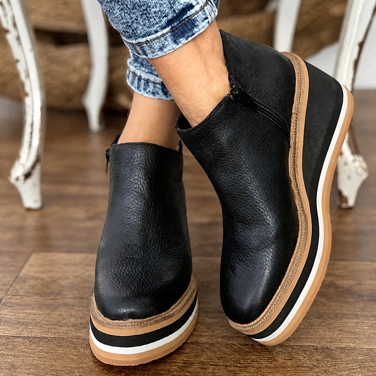 Rowan - Women's Orthopedic Platform Wedge Ankle Boots with Side Zip Closure - Boots - Black - Parker&Brooks