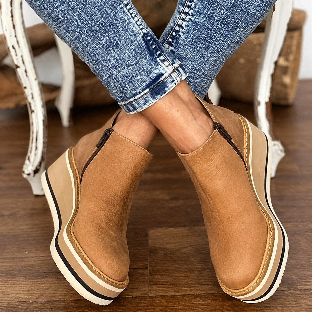 Rowan - Women's Orthopedic Platform Wedge Ankle Boots with Side Zip Closure - Boots - Khaki - Parker&Brooks