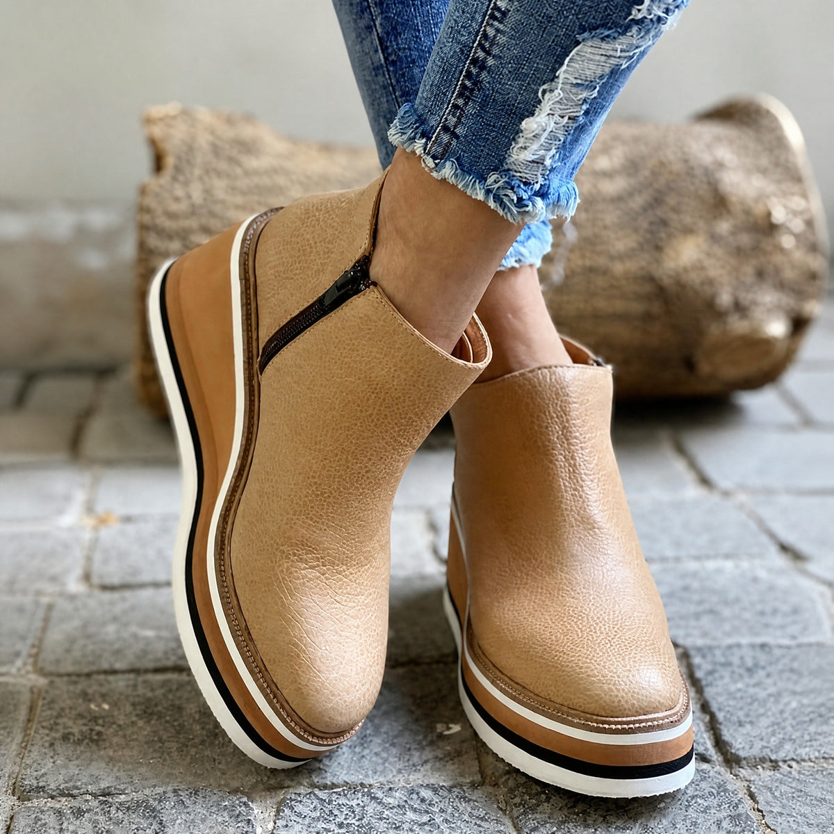 Rowan - Women's Orthopedic Platform Wedge Ankle Boots with Side Zip Closure - Boots - Beige - Parker&Brooks