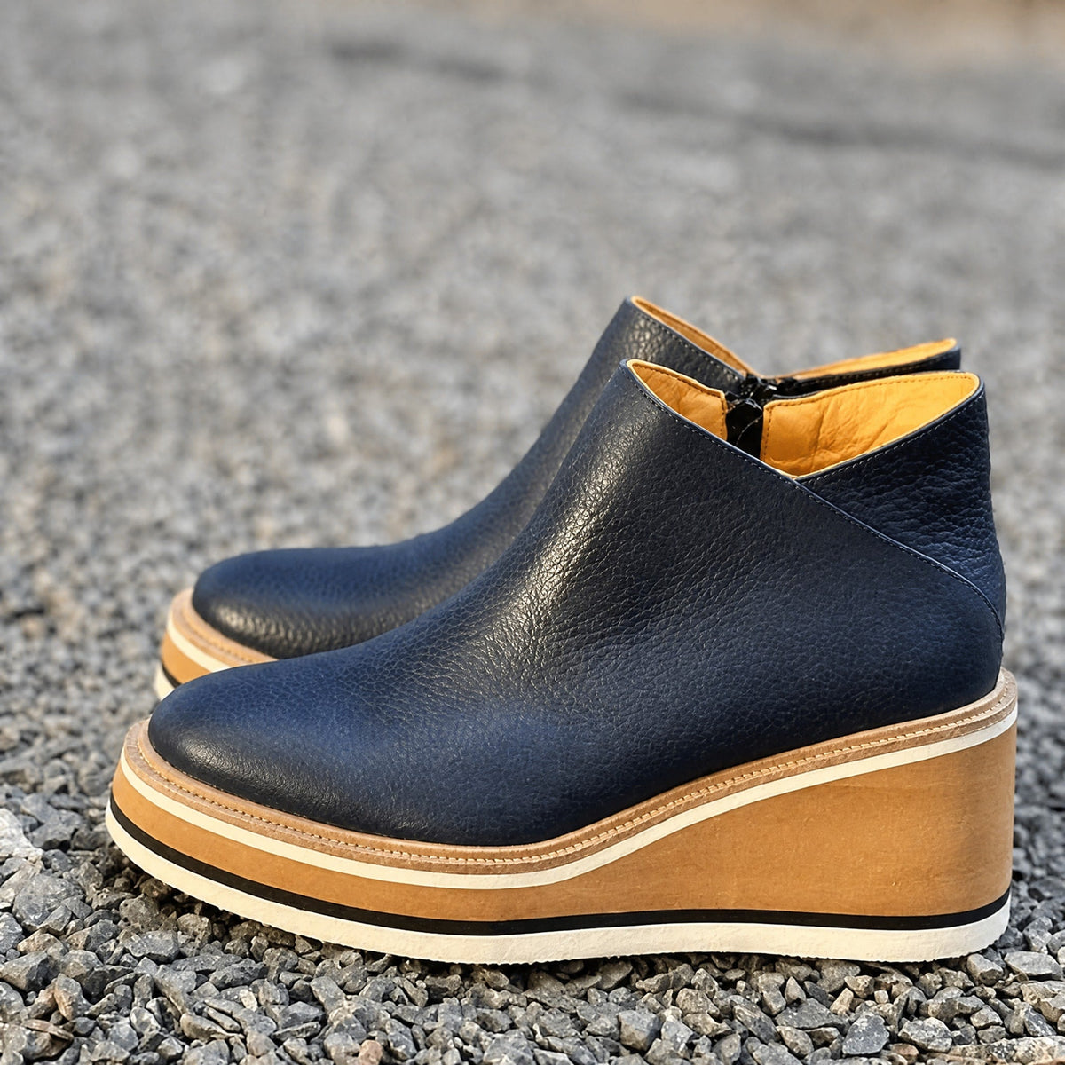 Rowan - Women's Orthopedic Platform Wedge Ankle Boots with Side Zip Closure - Boots - Dark Blue - Parker&Brooks
