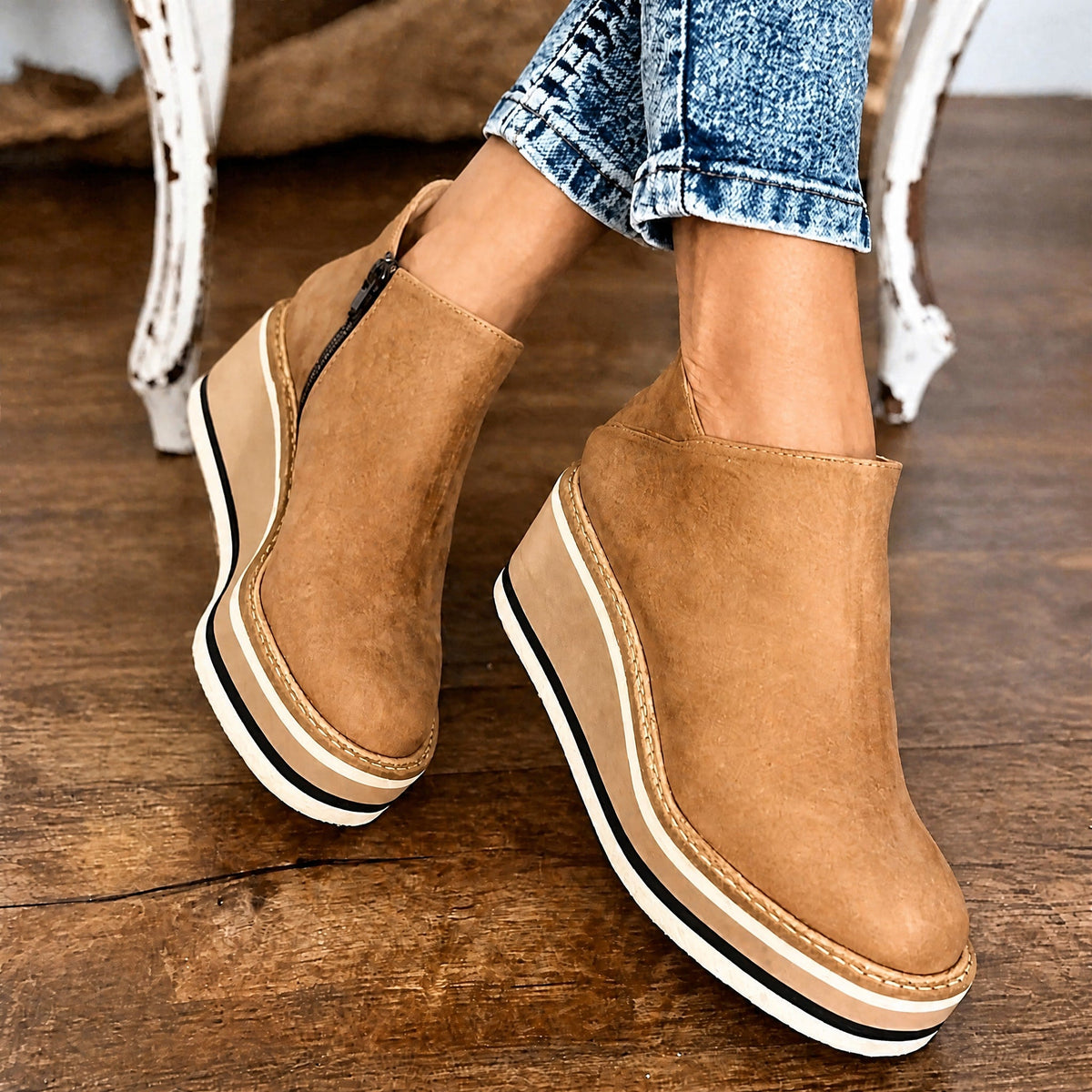 Rowan - Women's Orthopedic Platform Wedge Ankle Boots with Side Zip Closure - Boots - Khaki - Parker&Brooks