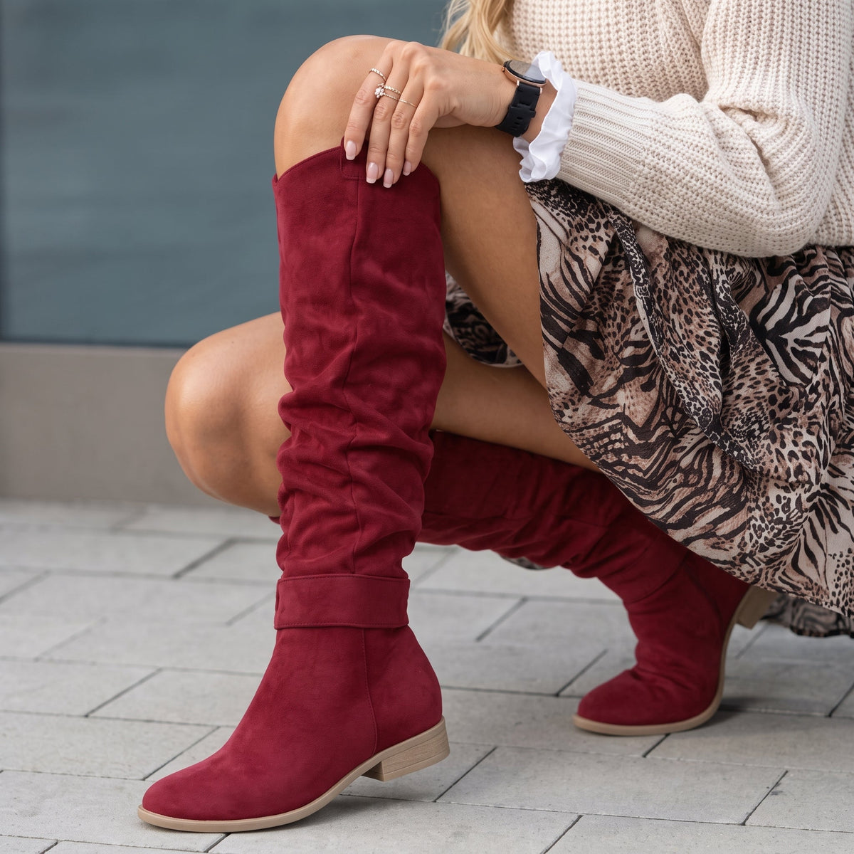 Rowan - Women's Slouchy Knee-High Suede Boots with Buckle Strap - Boots - Red - Parker&Brooks