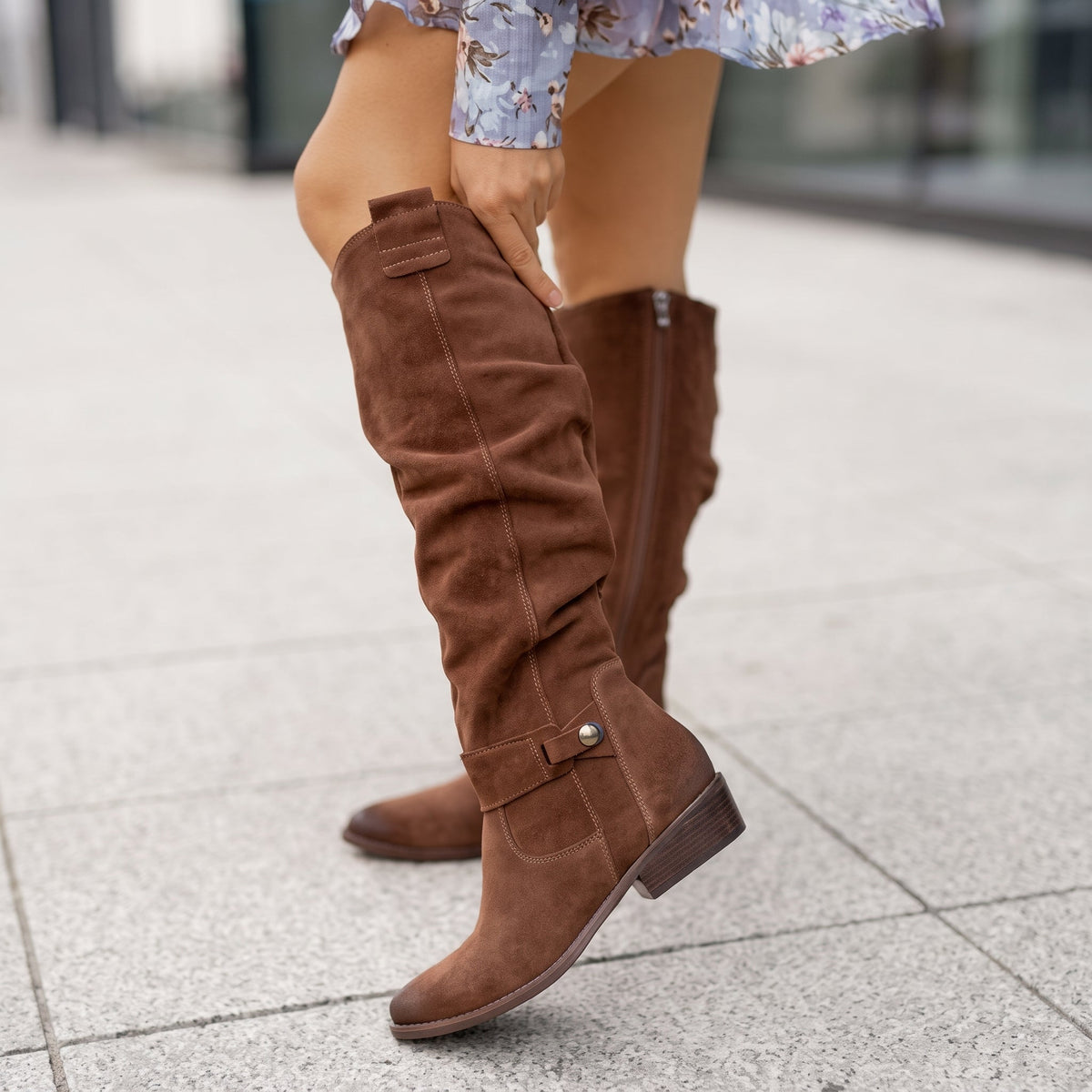 Rowan - Women's Slouchy Knee-High Suede Boots with Buckle Strap - Boots - Dark Brown - Parker&Brooks