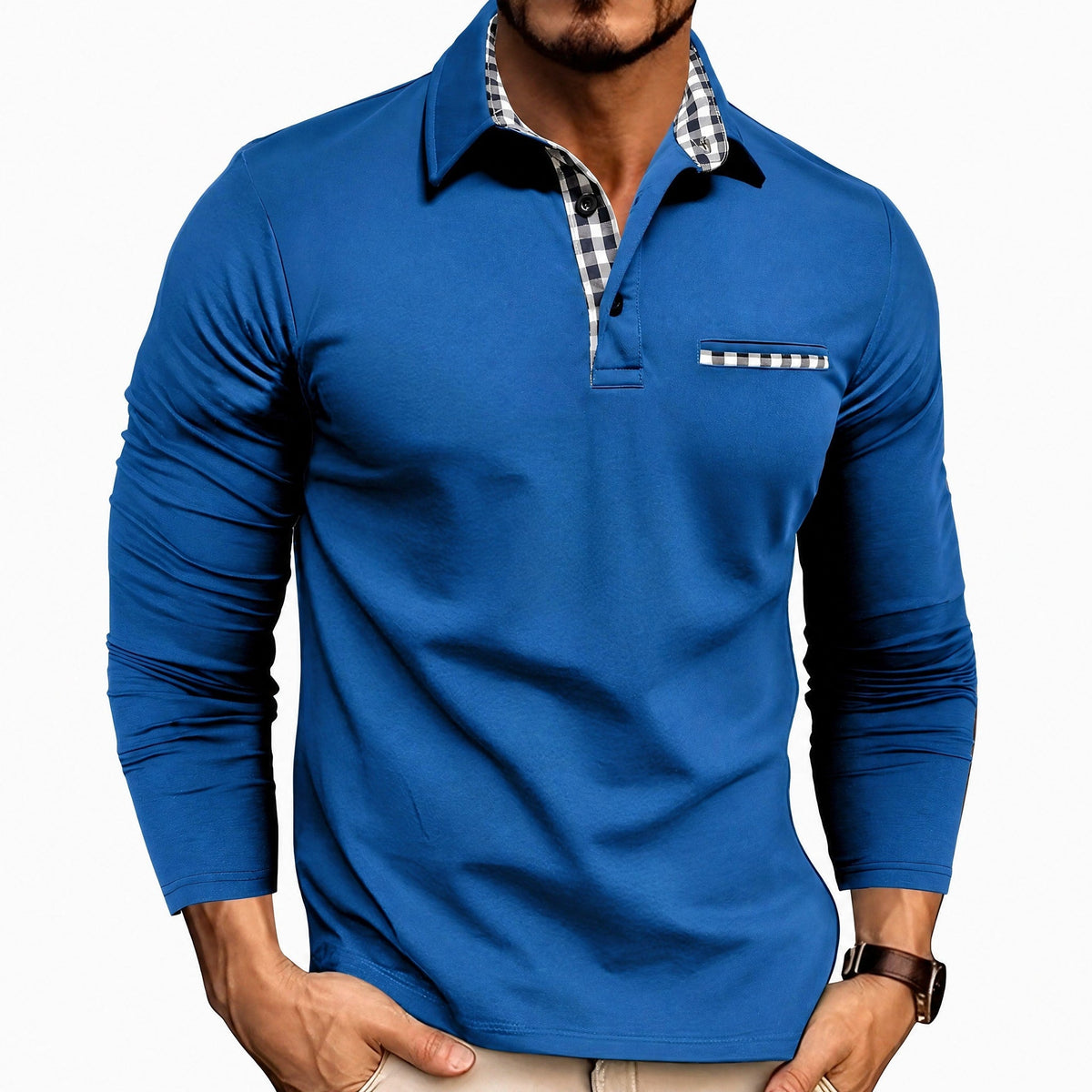 Rupert - Men's Long Sleeve Polo Shirt with Contrast Trim - Blue - Parker&Brooks