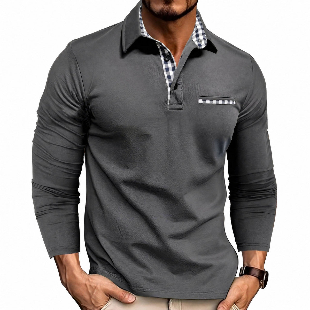 Rupert - Men's Long Sleeve Polo Shirt with Contrast Trim - Gray - Parker&Brooks