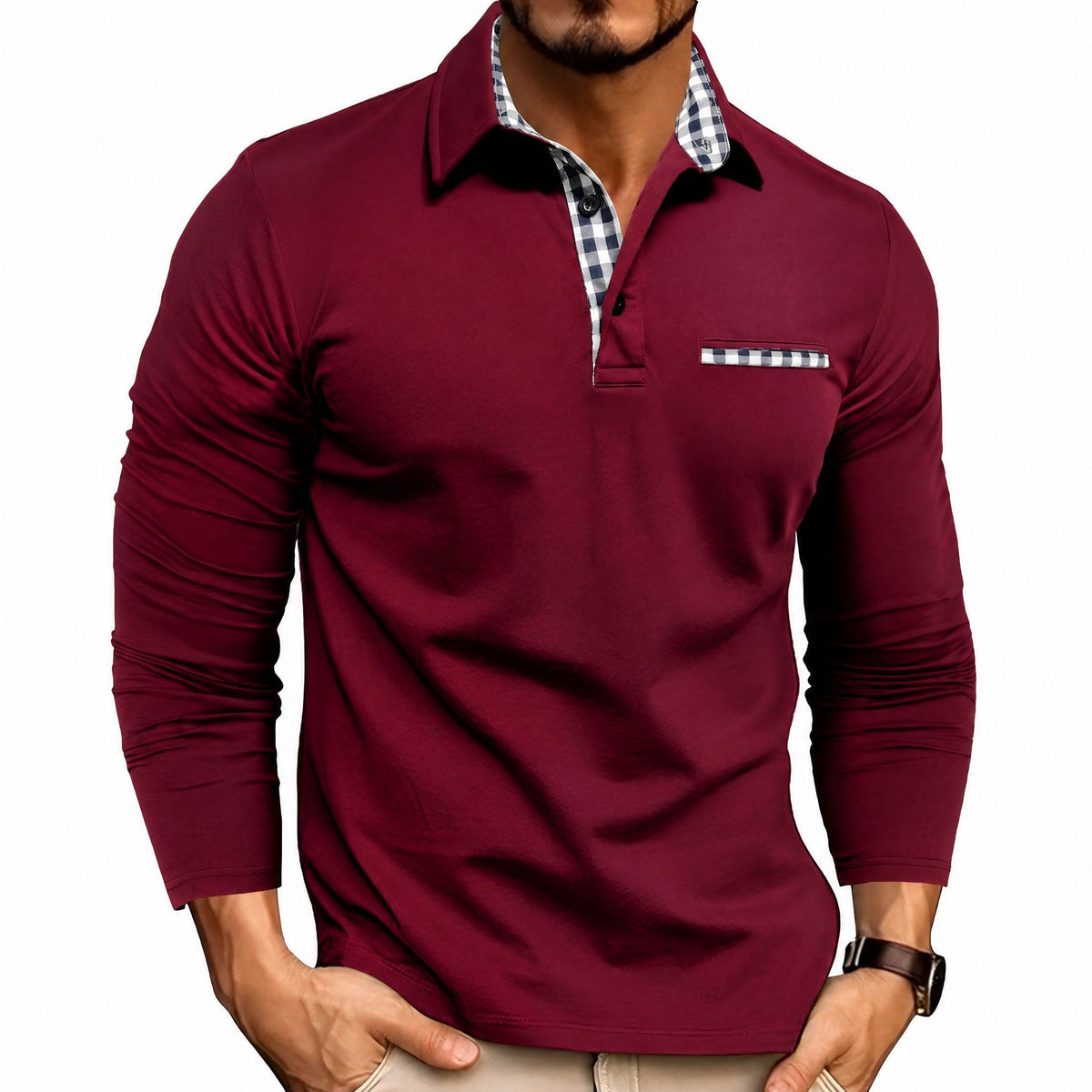Rupert - Men's Long Sleeve Polo Shirt with Contrast Trim - Red - Parker&Brooks