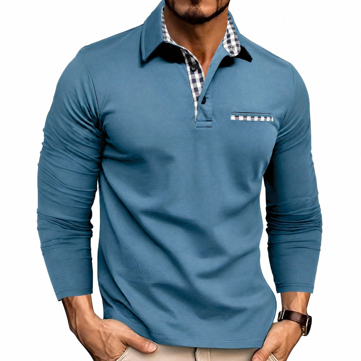 Rupert - Men's Long Sleeve Polo Shirt with Contrast Trim - Light Blue - Parker&Brooks