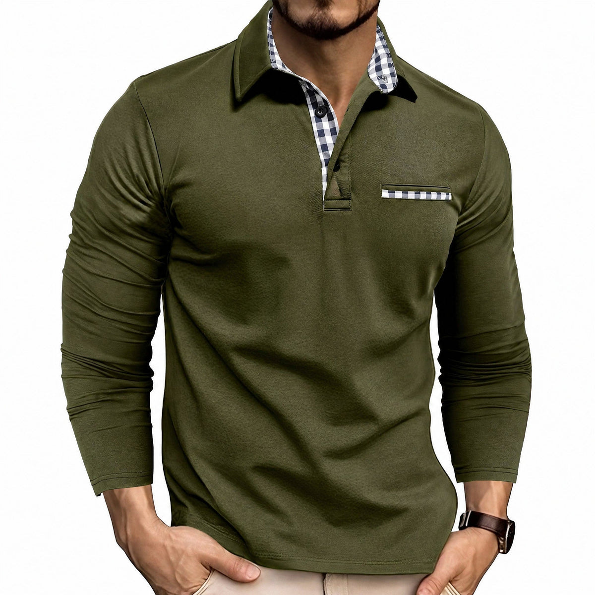 Rupert - Men's Long Sleeve Polo Shirt with Contrast Trim - Green - Parker&Brooks