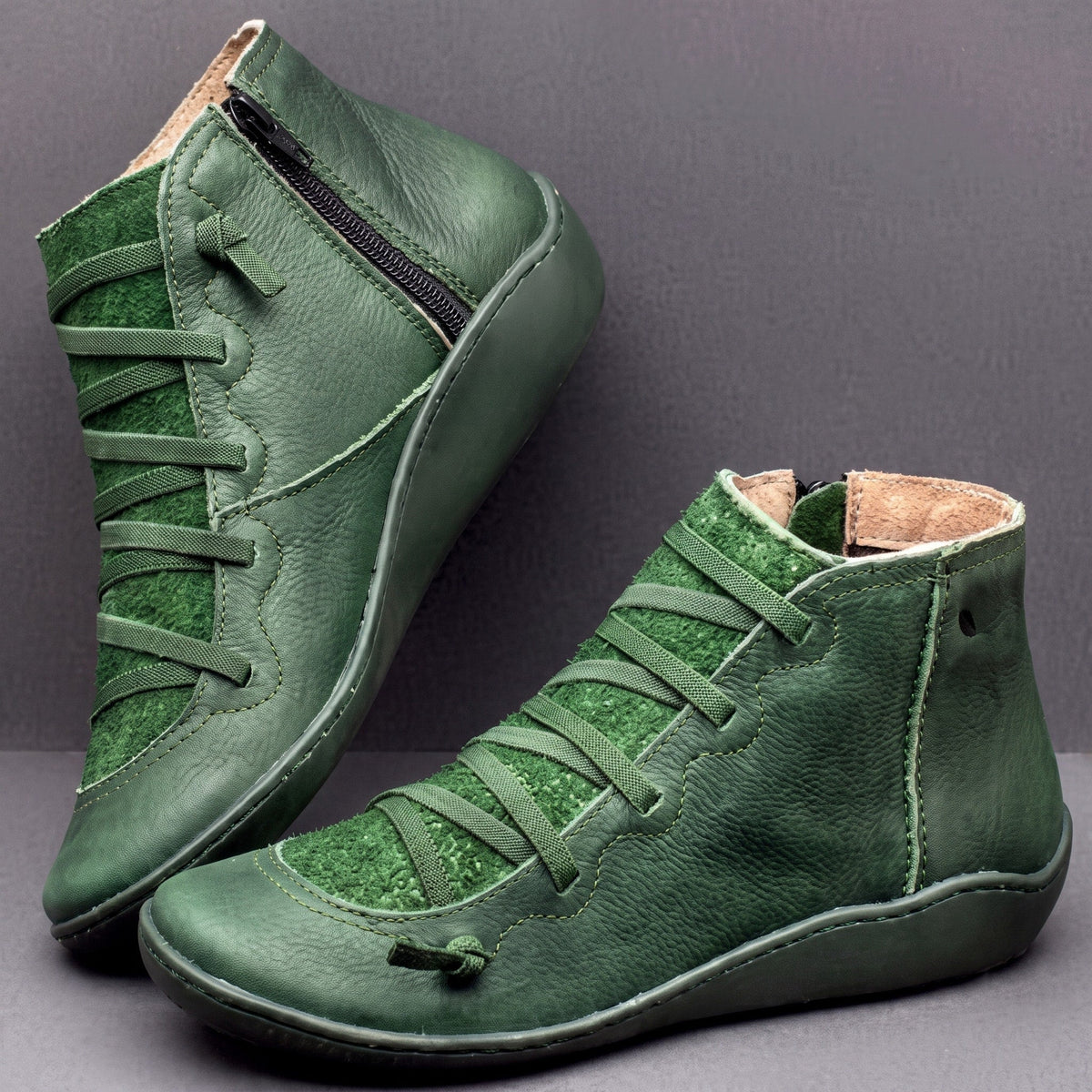 Ruth - Women's Orthopaedic Lace-Up Ankle Boots with Side Zip - Boots - Green - Parker&Brooks
