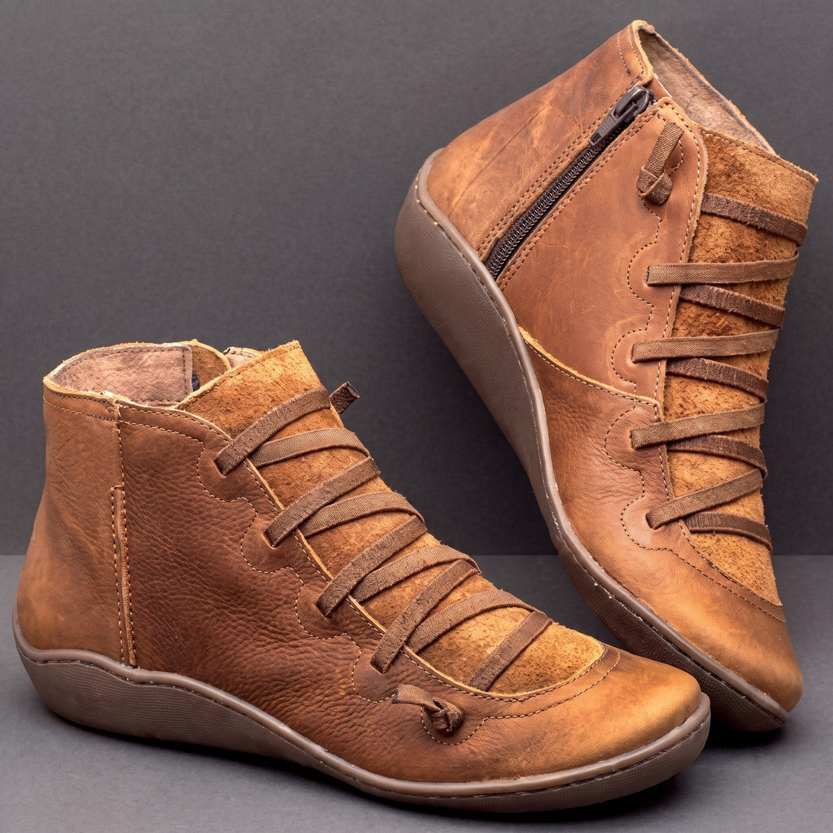 Ruth - Women's Orthopaedic Lace-Up Ankle Boots with Side Zip - Boots - Brown - Parker&Brooks