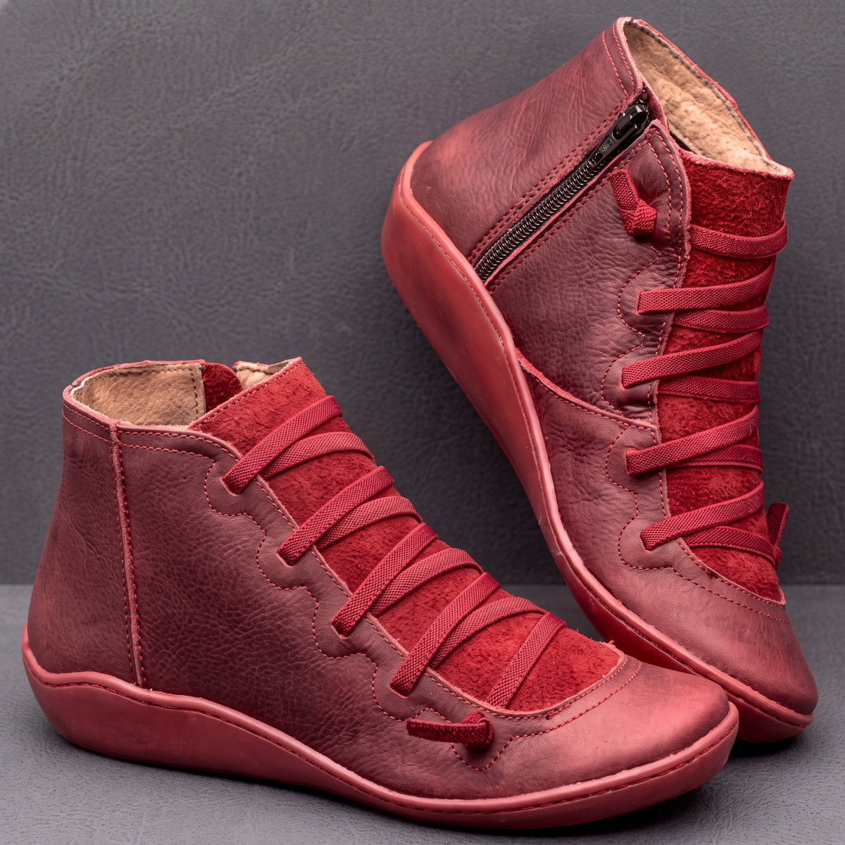 Ruth - Women's Orthopaedic Lace-Up Ankle Boots with Side Zip - Boots - Red - Parker&Brooks