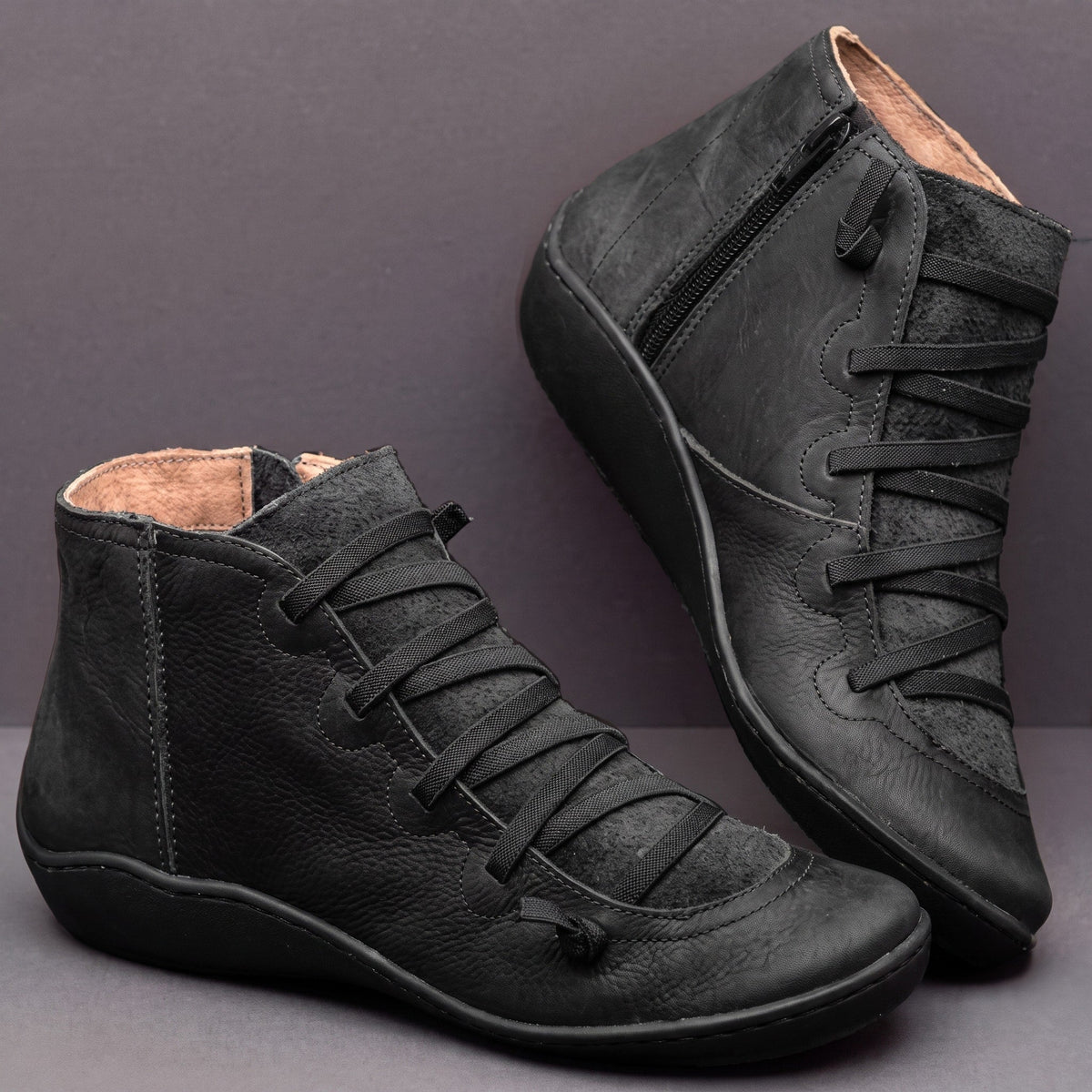 Ruth - Women's Orthopaedic Lace-Up Ankle Boots with Side Zip - Boots - Black - Parker&Brooks
