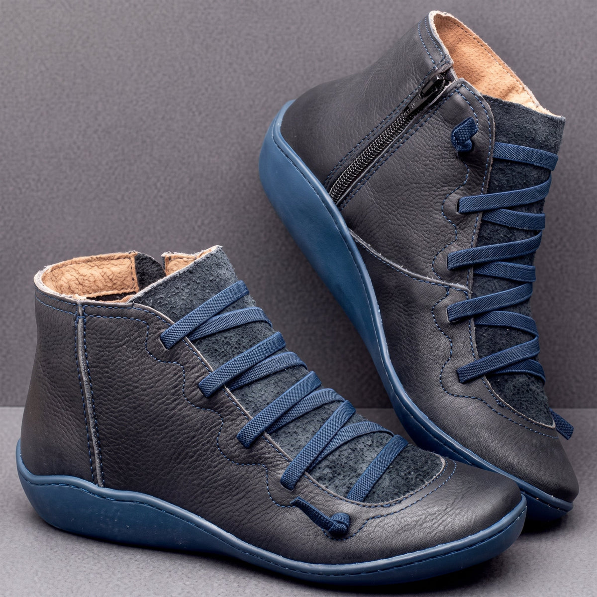 Ruth - Women's Orthopaedic Lace-Up Ankle Boots with Side Zip - Boots - Blue - Parker&Brooks