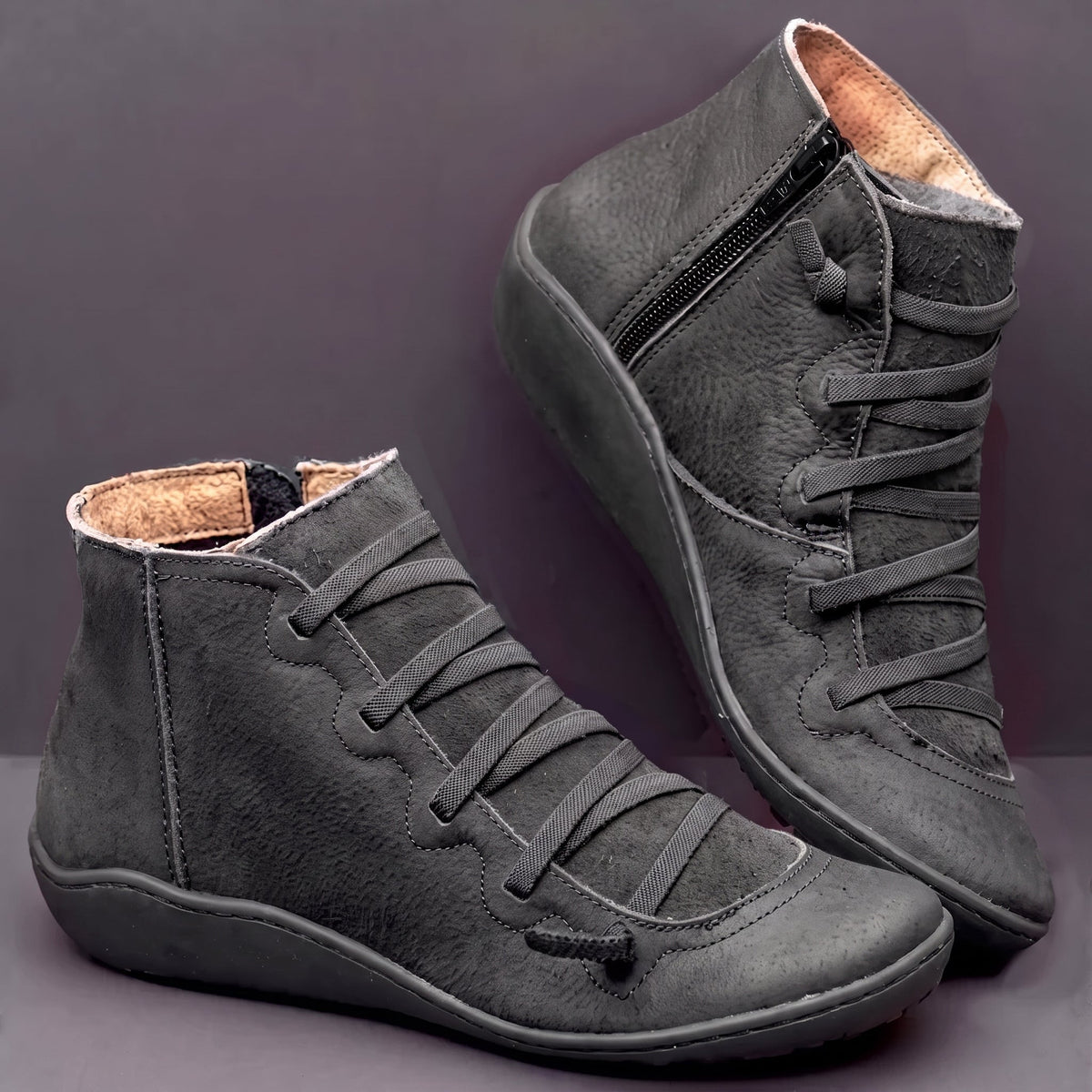 Ruth - Women's Orthopaedic Lace-Up Ankle Boots with Side Zip - Boots - Grey - Parker&Brooks