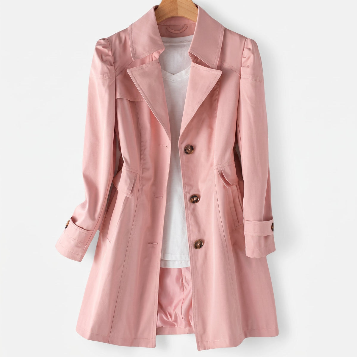 Sarah - Women's Single-Breasted Longline Trench Coat with Notch Lapel - Trench Coats - Pink - Parker&Brooks