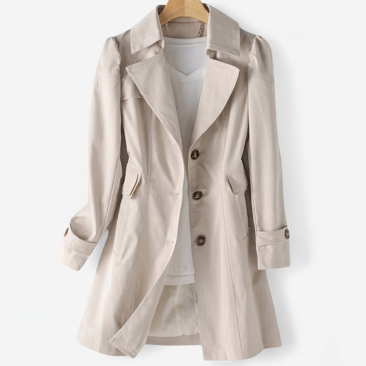 Sarah - Women's Single-Breasted Longline Trench Coat with Notch Lapel - Trench Coats - Beige - Parker&Brooks