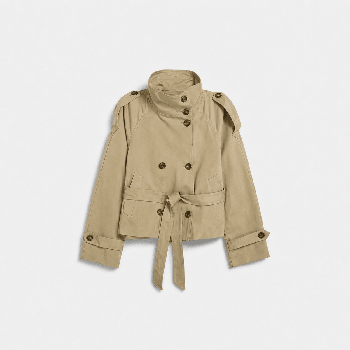 Sibylle - Women's Stand Collar Belted Cropped Jacket - Jackets - Khaki - Parker&Brooks