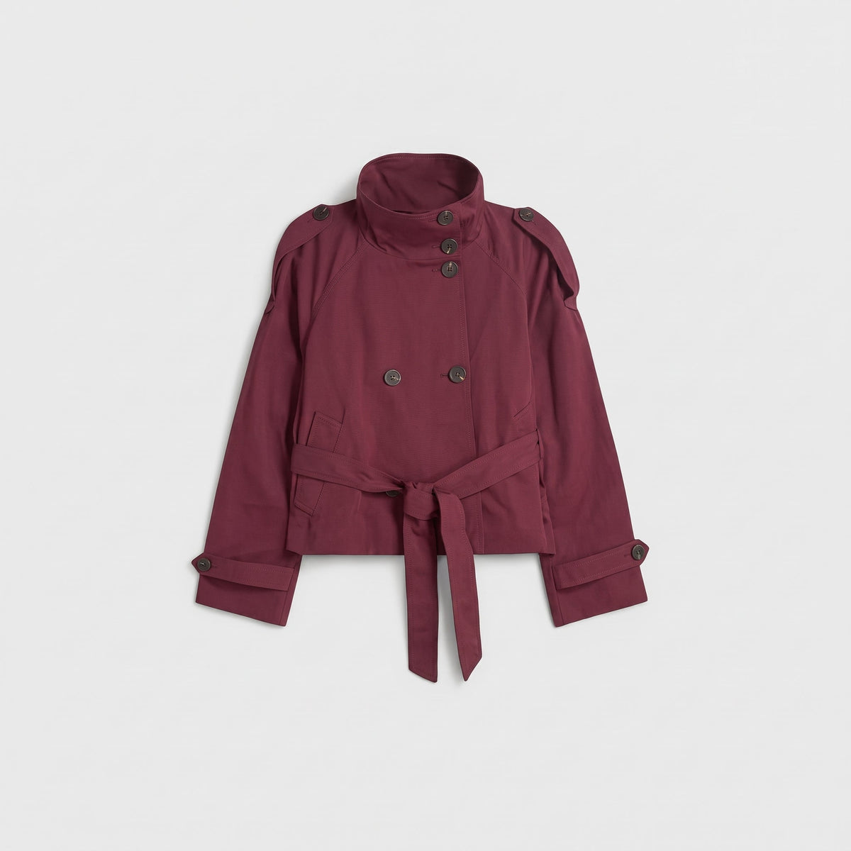 Sibylle - Women's Stand Collar Belted Cropped Jacket - Jackets - Burgundy - Parker&Brooks