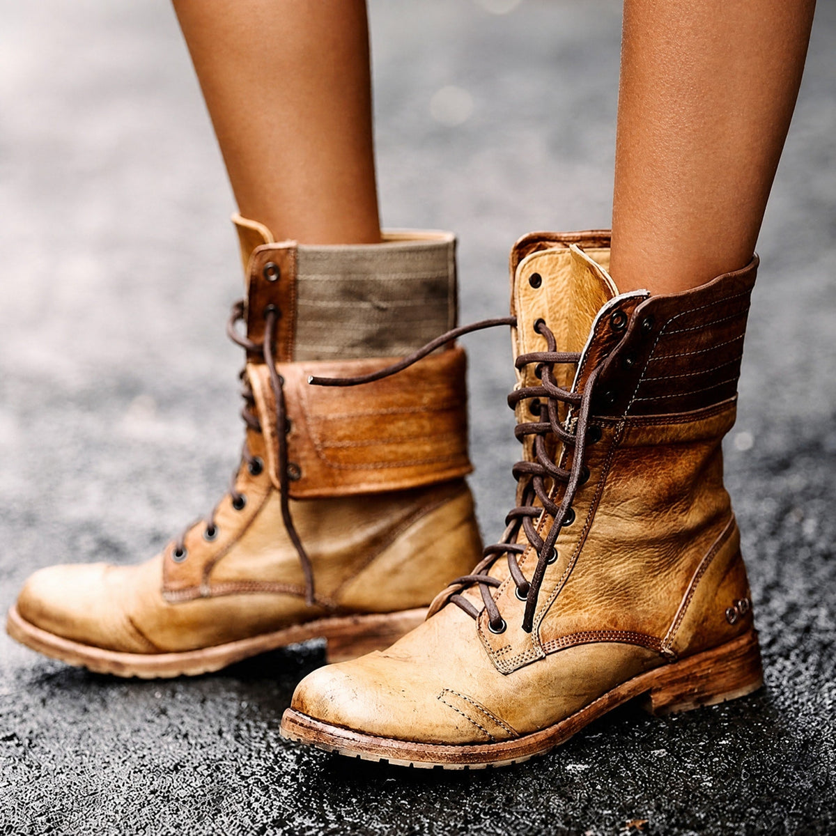 Sienna - Women's Lace-Up Fold-Over Combat Boots with Stacked Heel - Boots - Brown - Sarvento