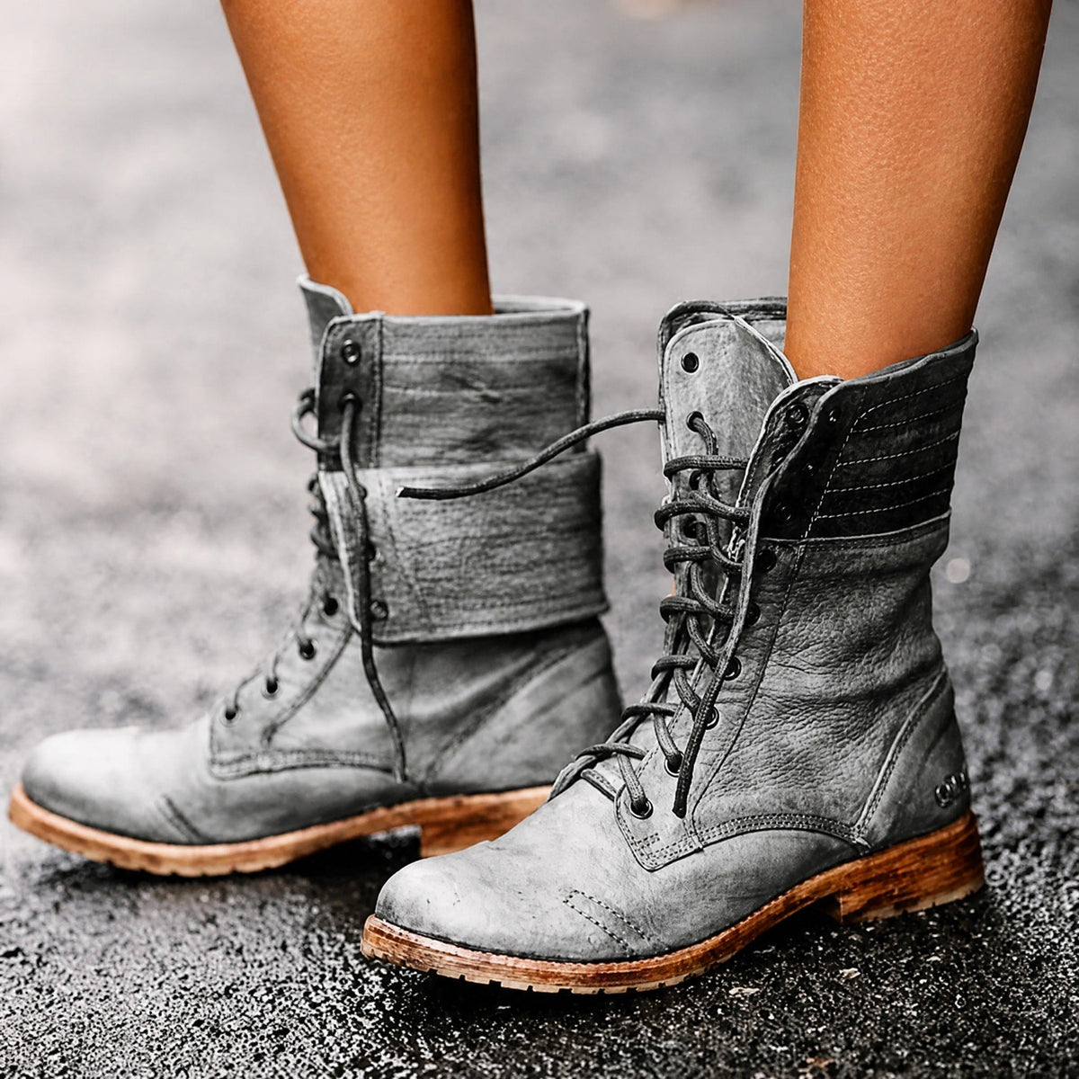 Sienna - Women's Lace-Up Fold-Over Combat Boots with Stacked Heel - Boots - Gray - Sarvento