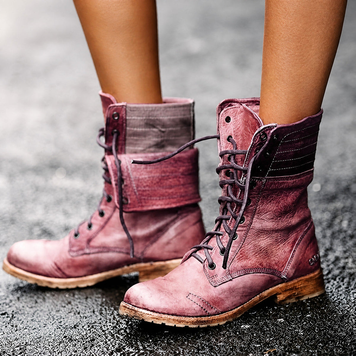 Sienna - Women's Lace-Up Fold-Over Combat Boots with Stacked Heel - Boots - Red - Sarvento
