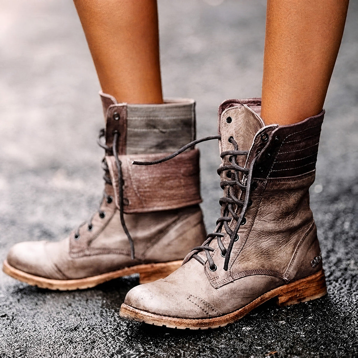 Sienna - Women's Lace-Up Fold-Over Combat Boots with Stacked Heel - Boots - Khaki - Sarvento