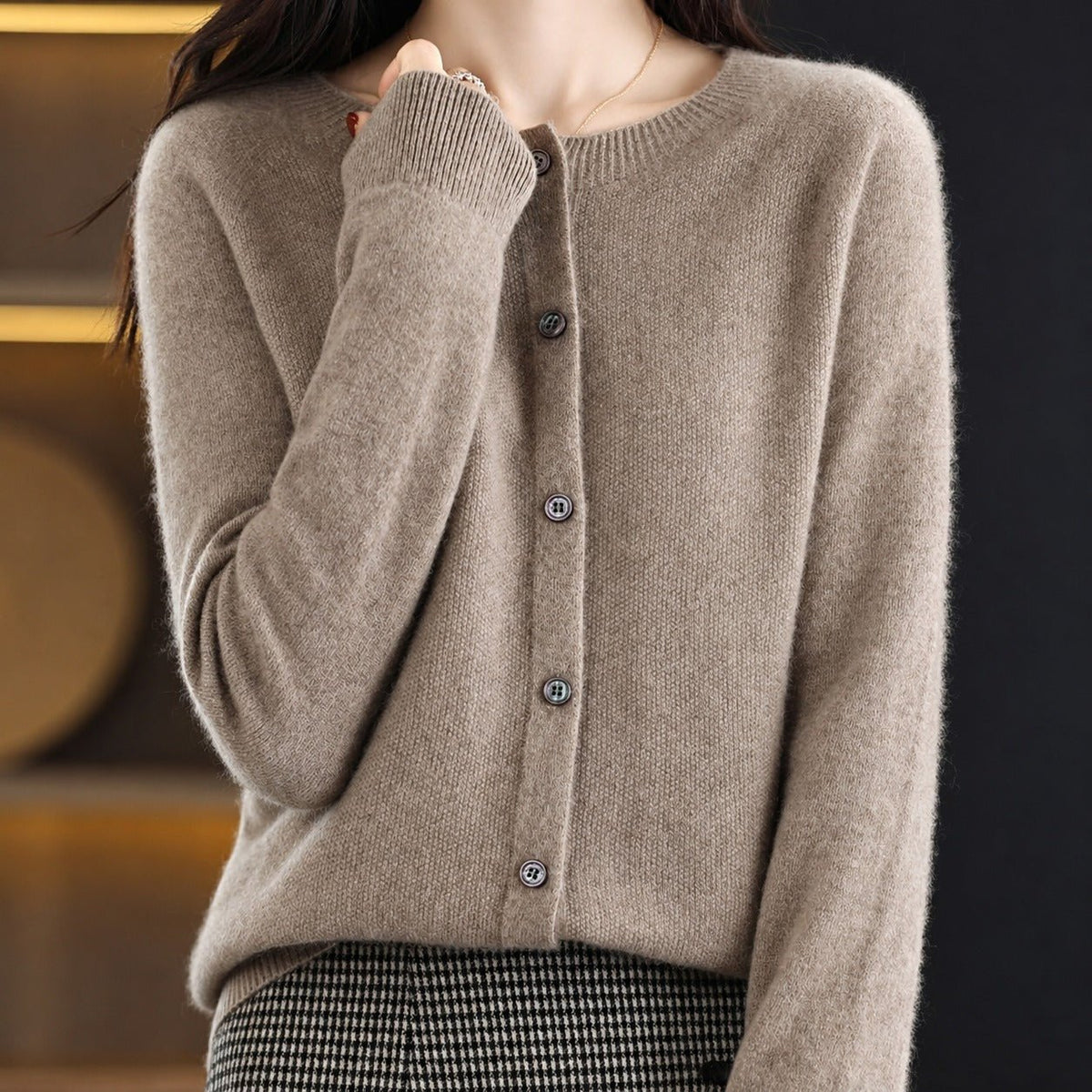 Sofia - Women's Relaxed Fit Long Sleeve Button-Front Crew Neck Cardigan - Cardigans - Brown - Parker&Brooks