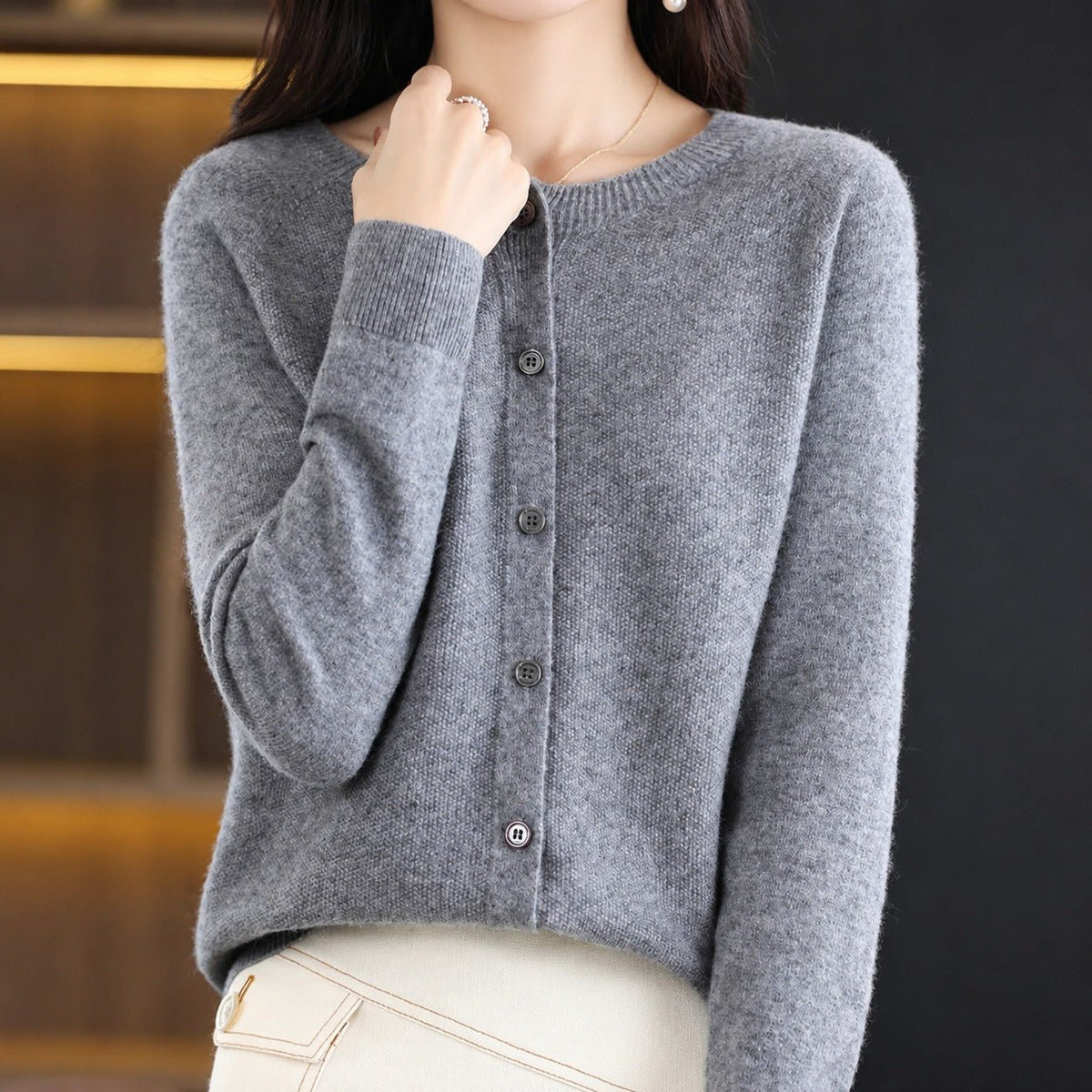 Sofia - Women's Relaxed Fit Long Sleeve Button-Front Crew Neck Cardigan - Cardigans - Gray - Parker&Brooks