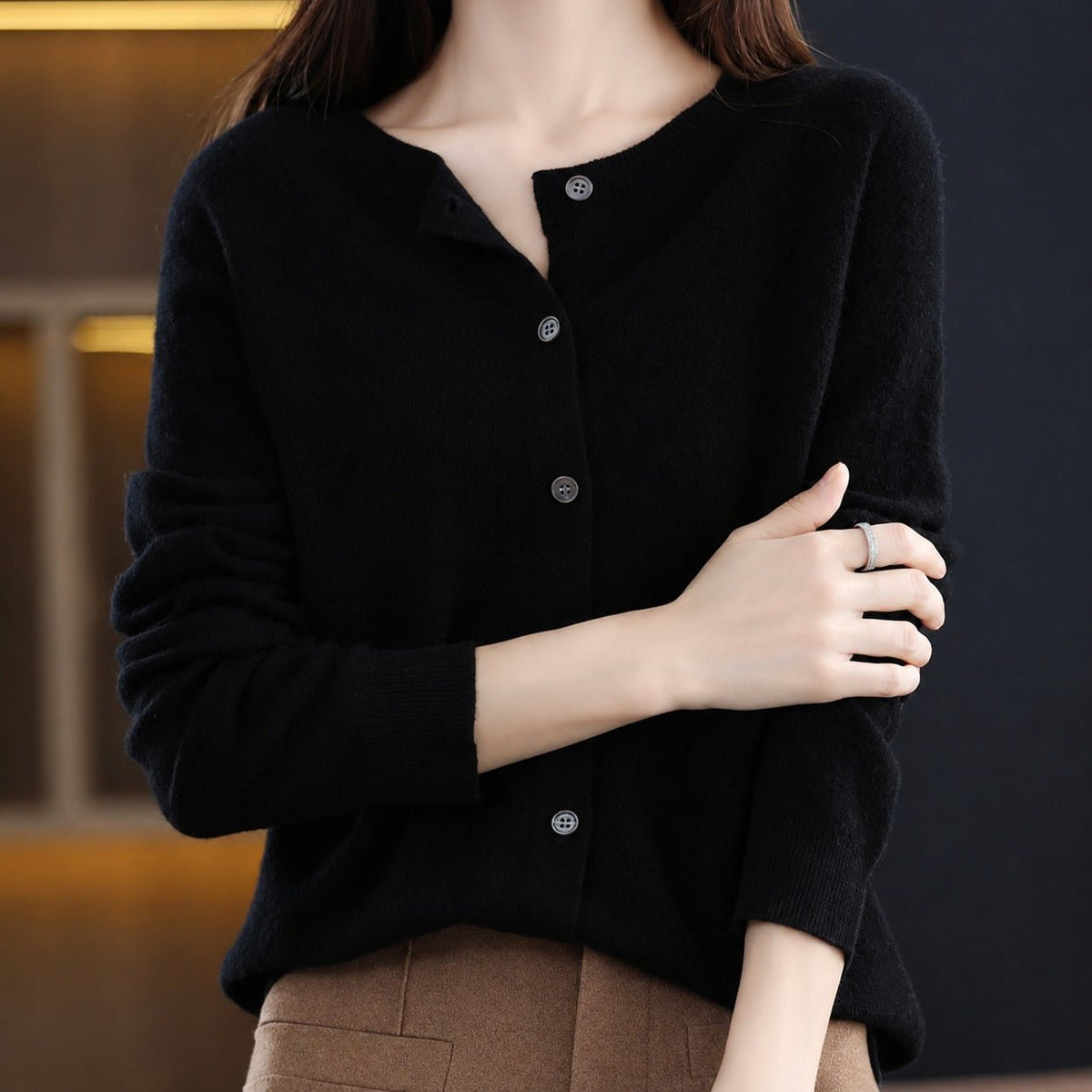 Sofia - Women's Relaxed Fit Long Sleeve Button-Front Crew Neck Cardigan - Cardigans - Black - Parker&Brooks