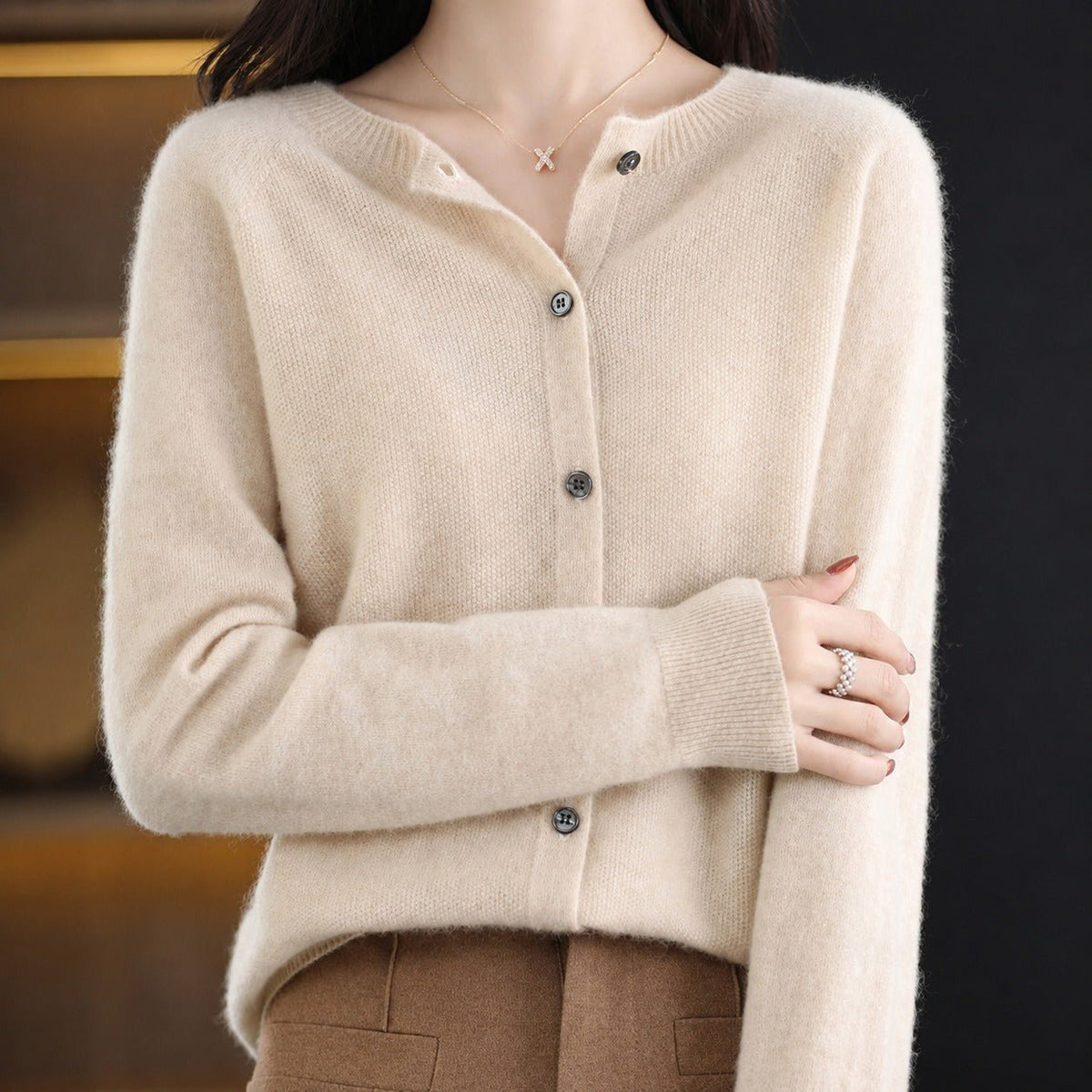 Sofia - Women's Relaxed Fit Long Sleeve Button-Front Crew Neck Cardigan - Cardigans - Khaki - Parker&Brooks