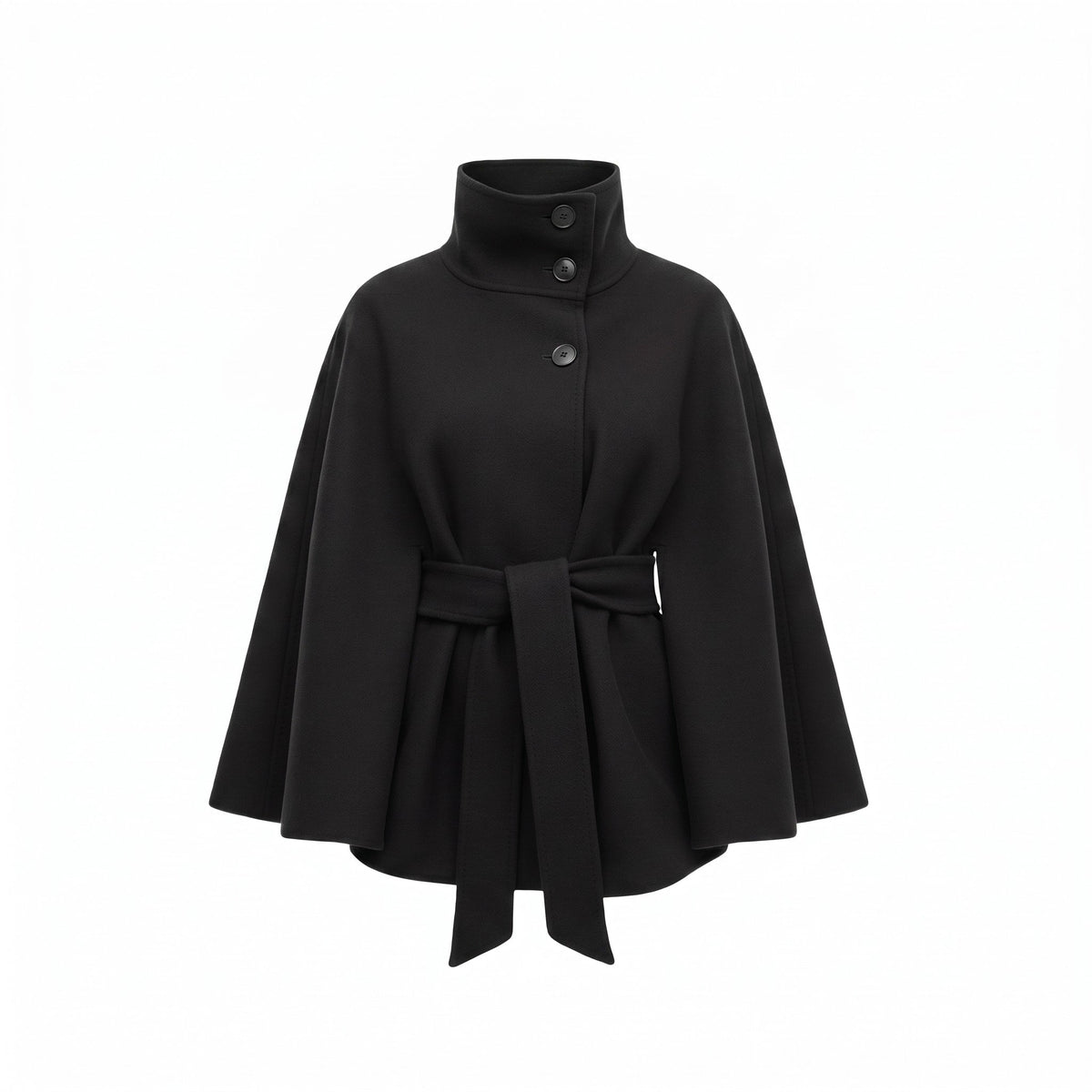 Sophia - Women's Belted Cape Coat with High Collar and Batwing Sleeves - Capes - Black - Parker&Brooks